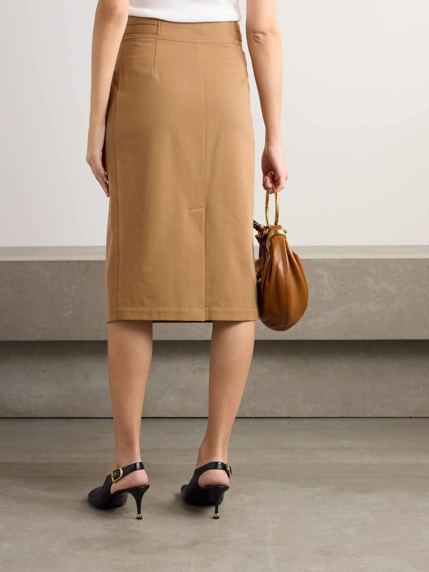 Cotton-twill midi skirt Tan - 3