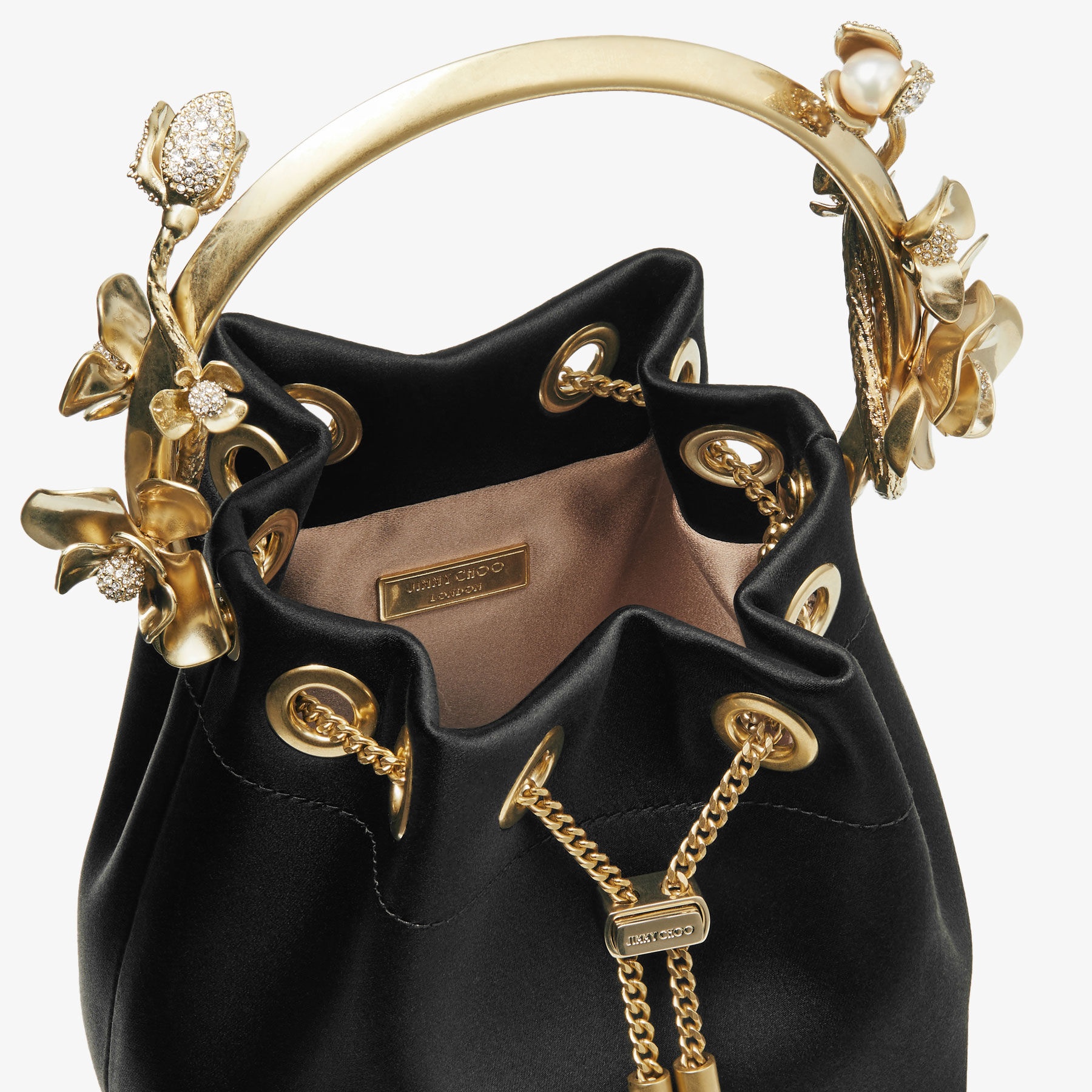 Bon Bon
Black Satin Bucket Bag with Metal Flowers - 4