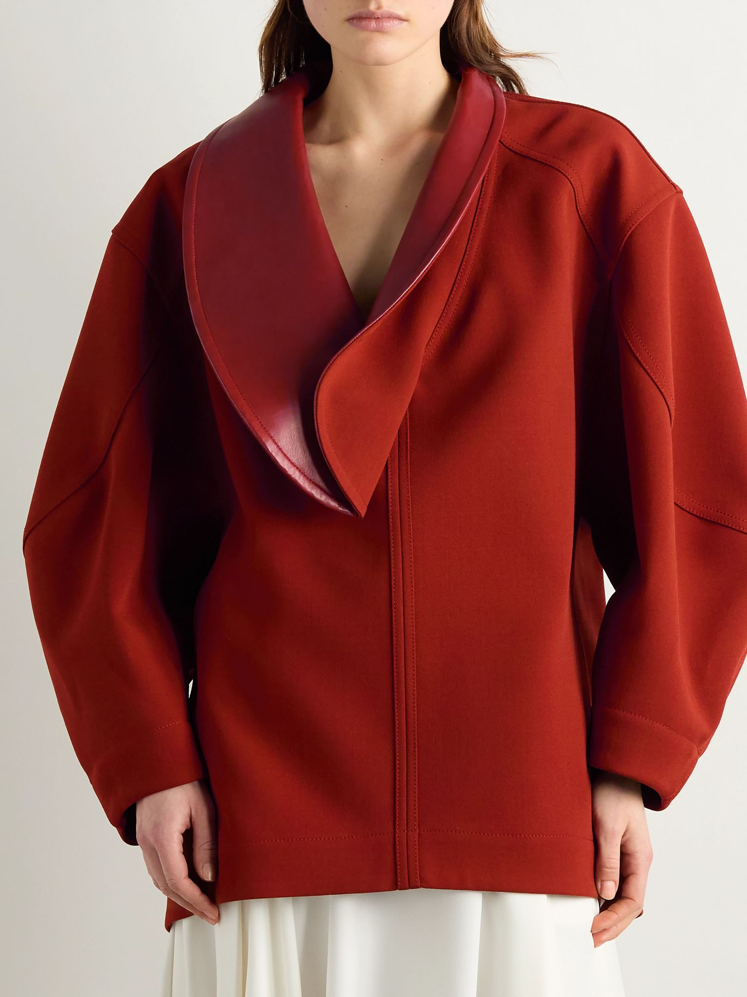 Oversized leather-trimmed cotton-blend crepe blouse Tomato red - 3