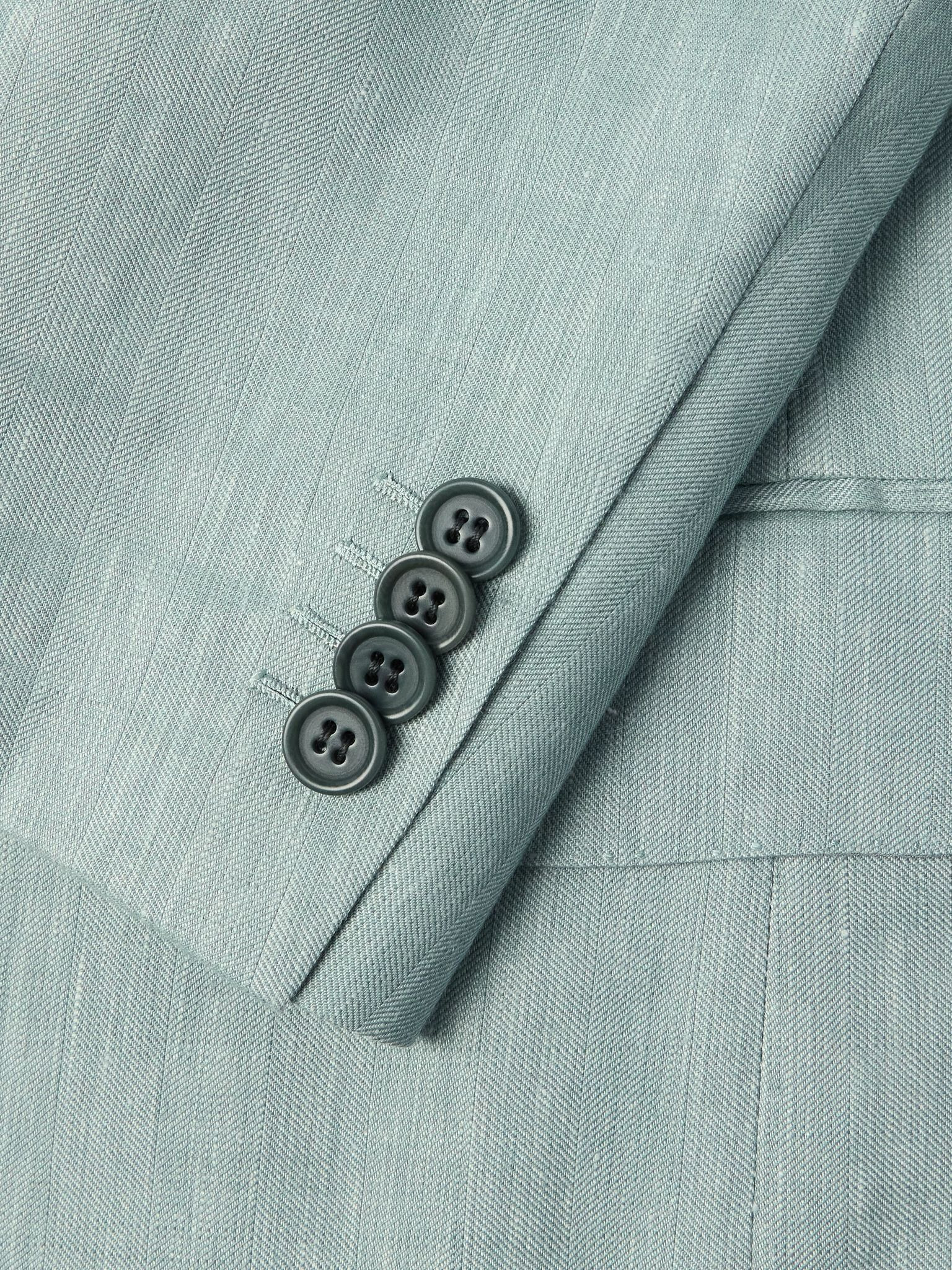 Double-Breasted Herringbone Linen, Wool and Silk-Blend Suit Jacket Blue - 4