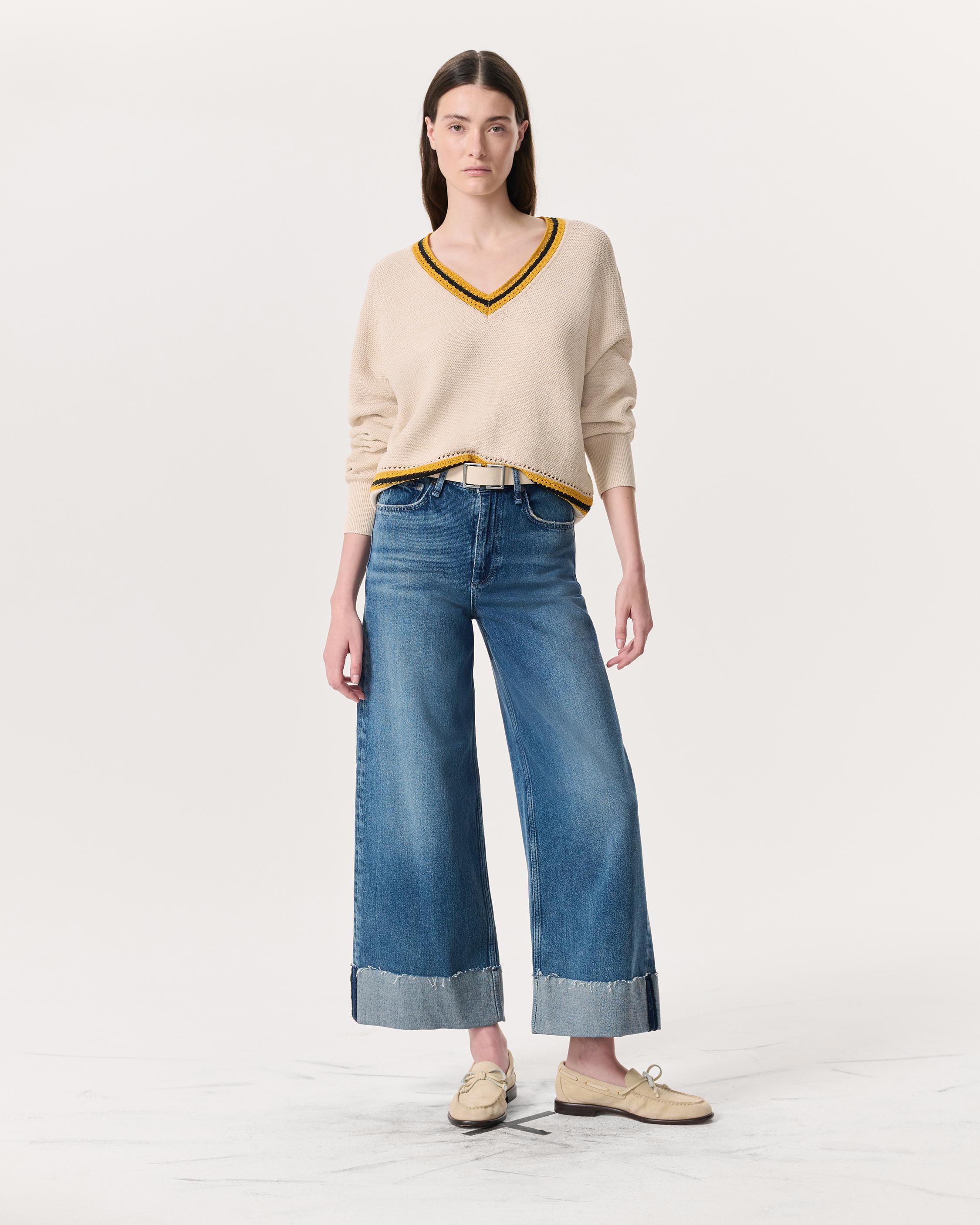 Meghan Striped Crochet-Trim V-Neck Sweater - 4