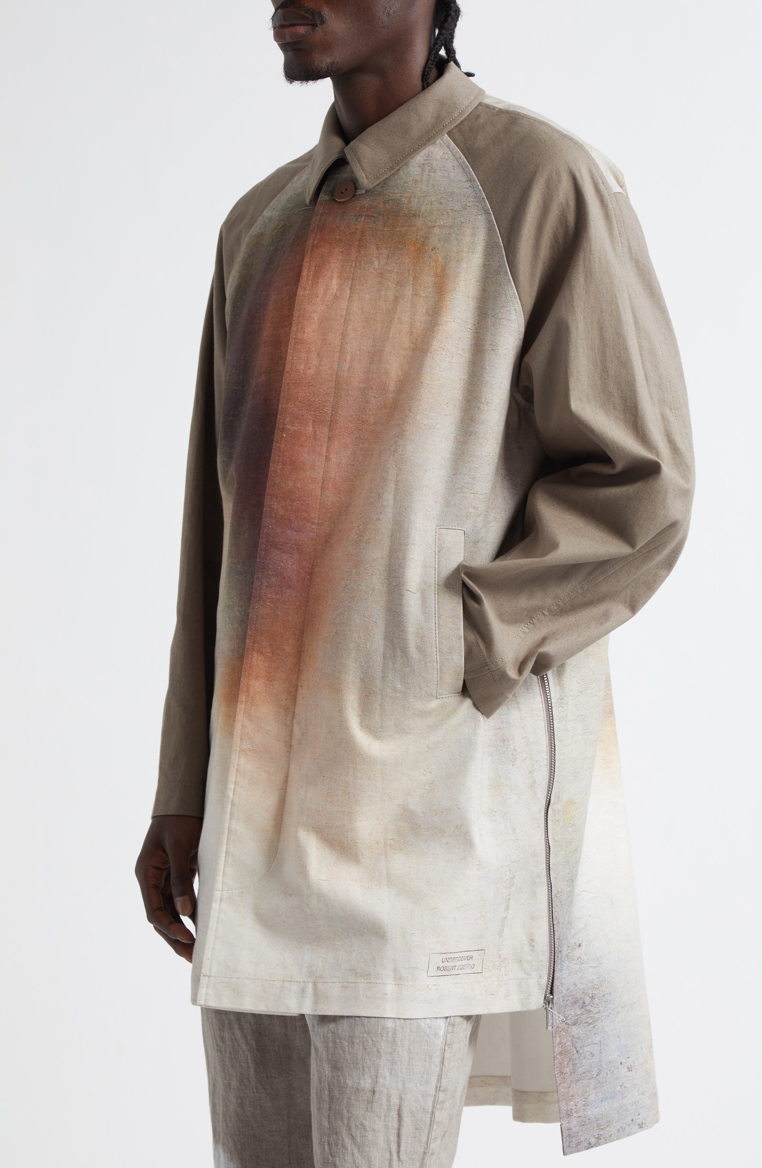 Undercover Bosisio Raglan Sleeve Cotton Blend Coat in Grey/Beige Base at Nordstrom - 5