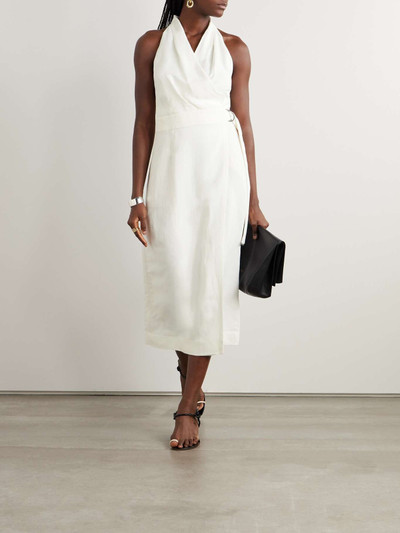 Brunello Cucinelli Belted bead-embellished draped crepe wrap midi dress outlook