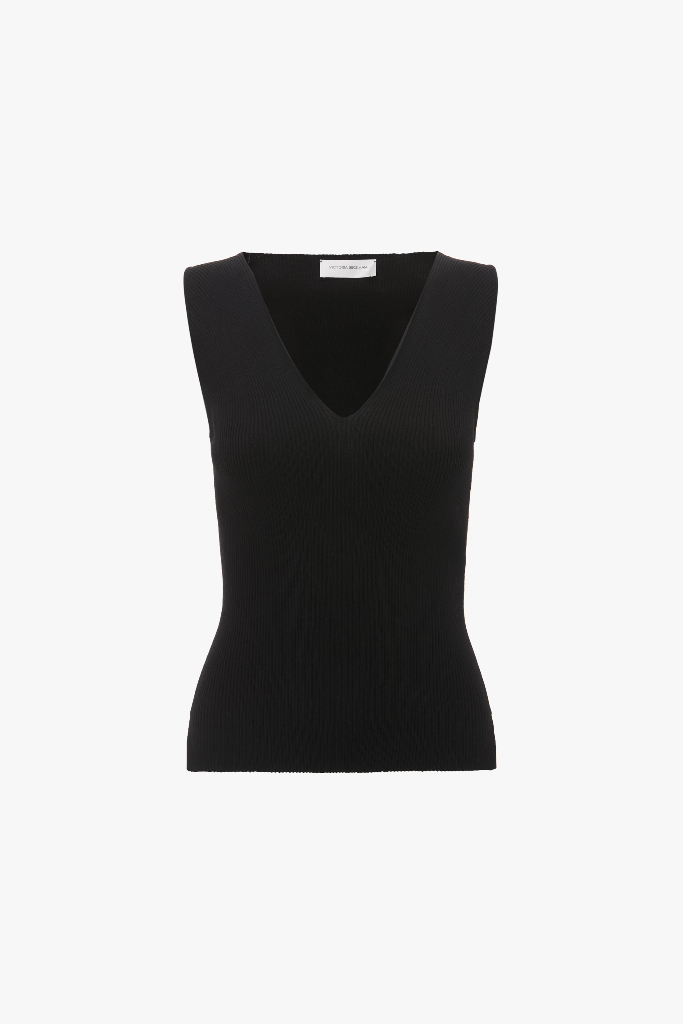 Rib Detail V-Neck Tank In Black - 1