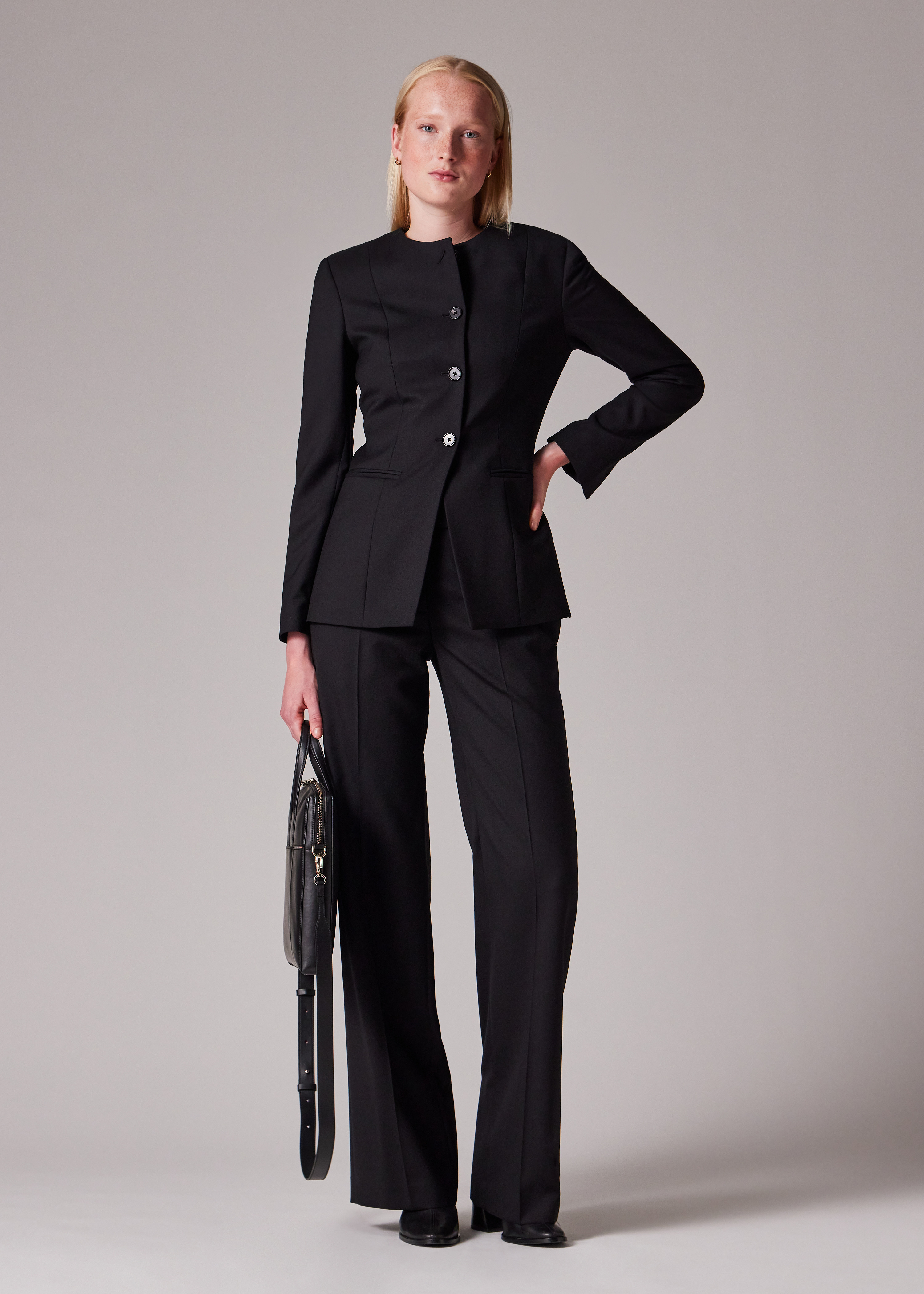 Women's A Suit To Travel In - Black Collarless Jacket Suit - 1