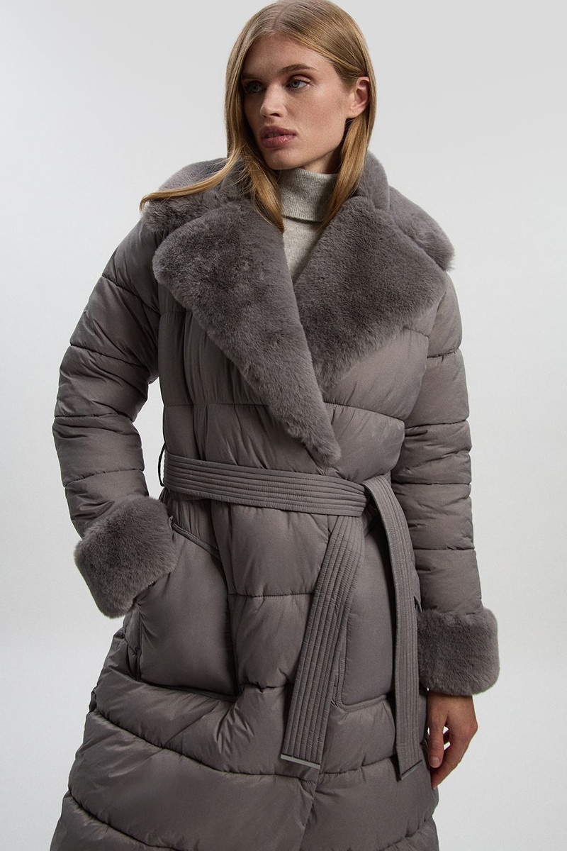 KAREN MILLEN Faux Fur Lined Belted Longline Puffer Coat outlook