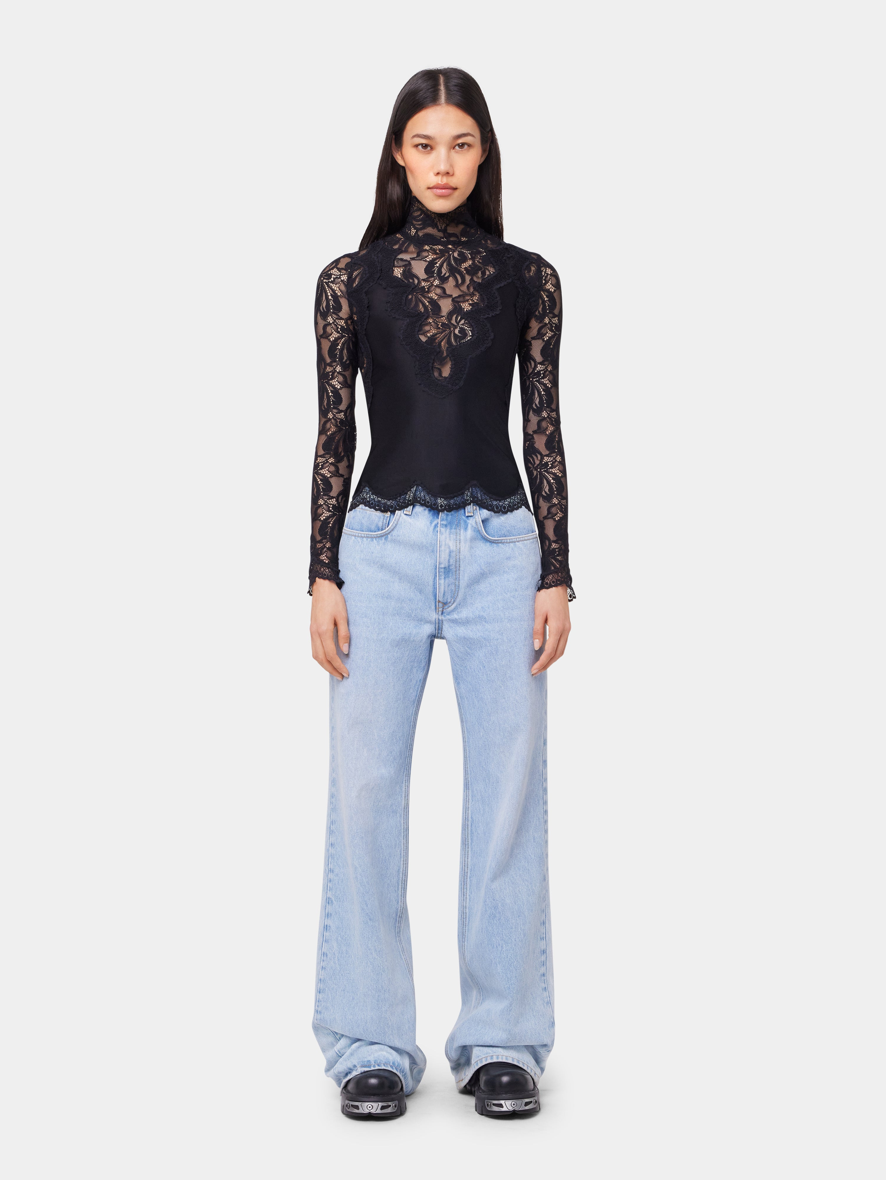 BLACK LONG SLEEVE TOP IN LACE AND JERSEY - 4