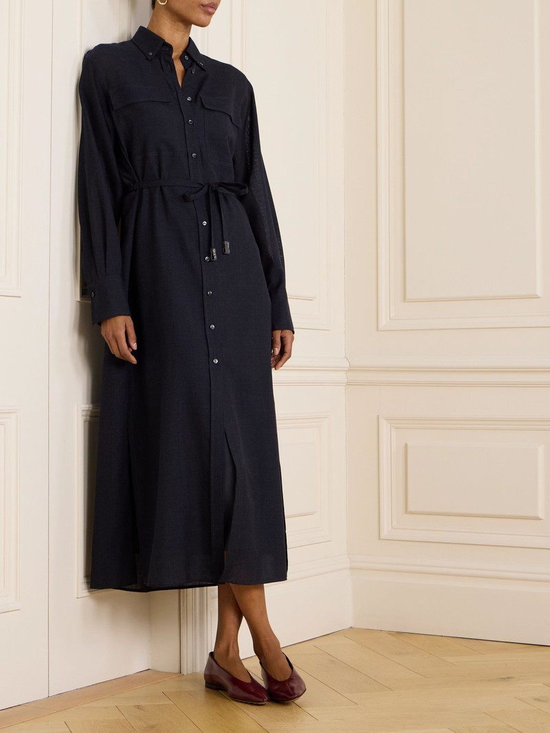 Brunello Cucinelli Belted bead-embellished wool midi shirt dress Midnight blue outlook