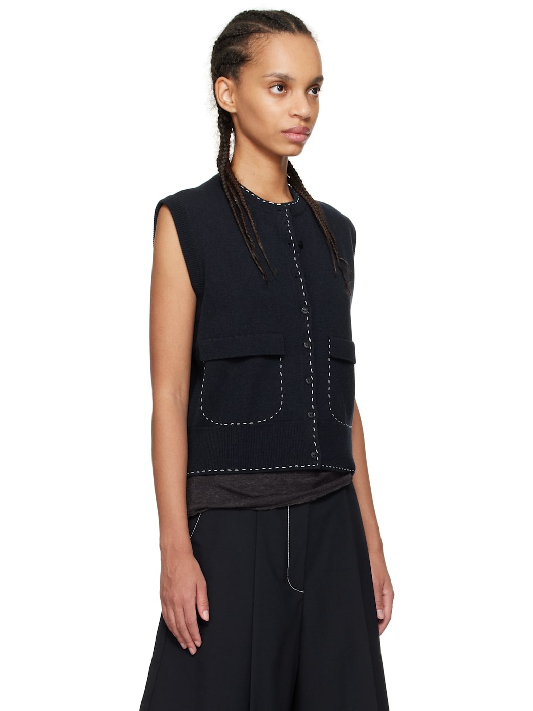 Navy Merino Wool Stitched Vest - 2