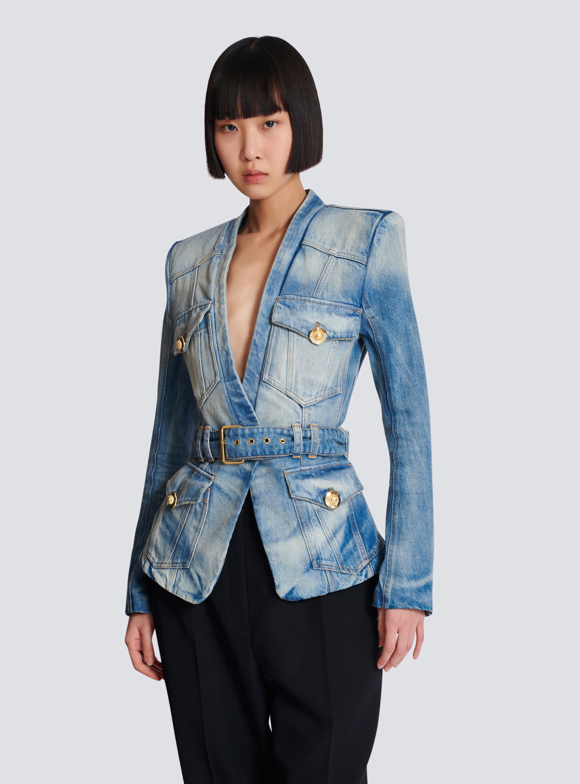 1-button belted denim jacket - 7