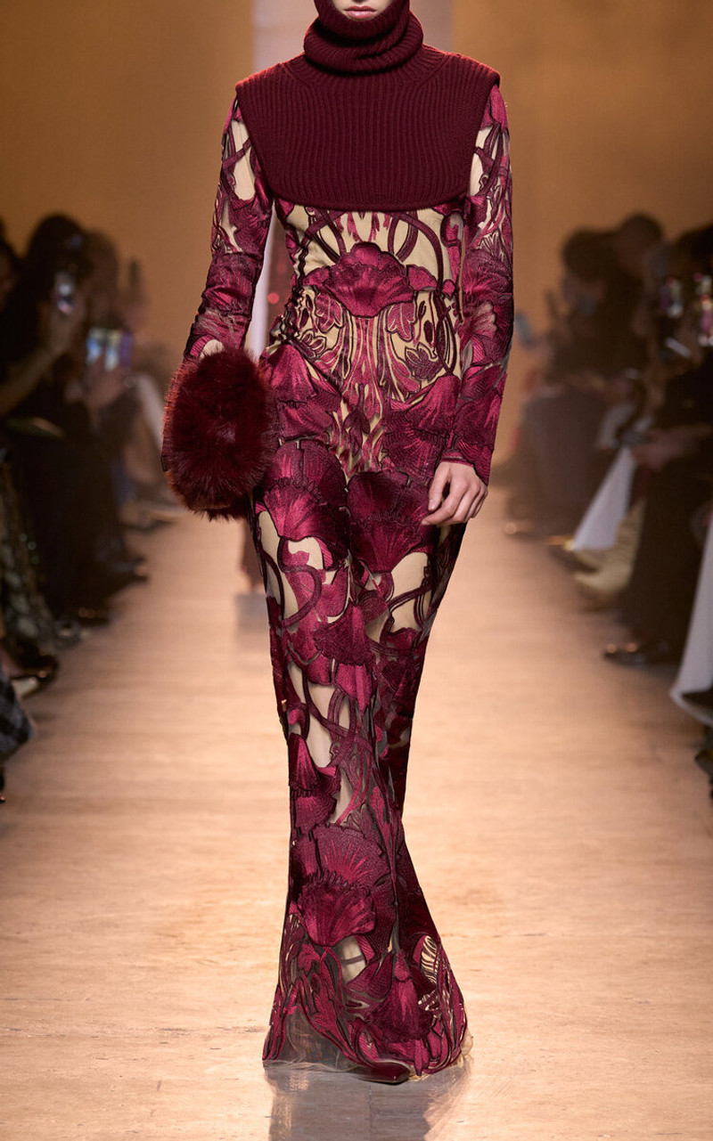 ELIE SAAB Embroidered Tulle Gown burgundy outlook