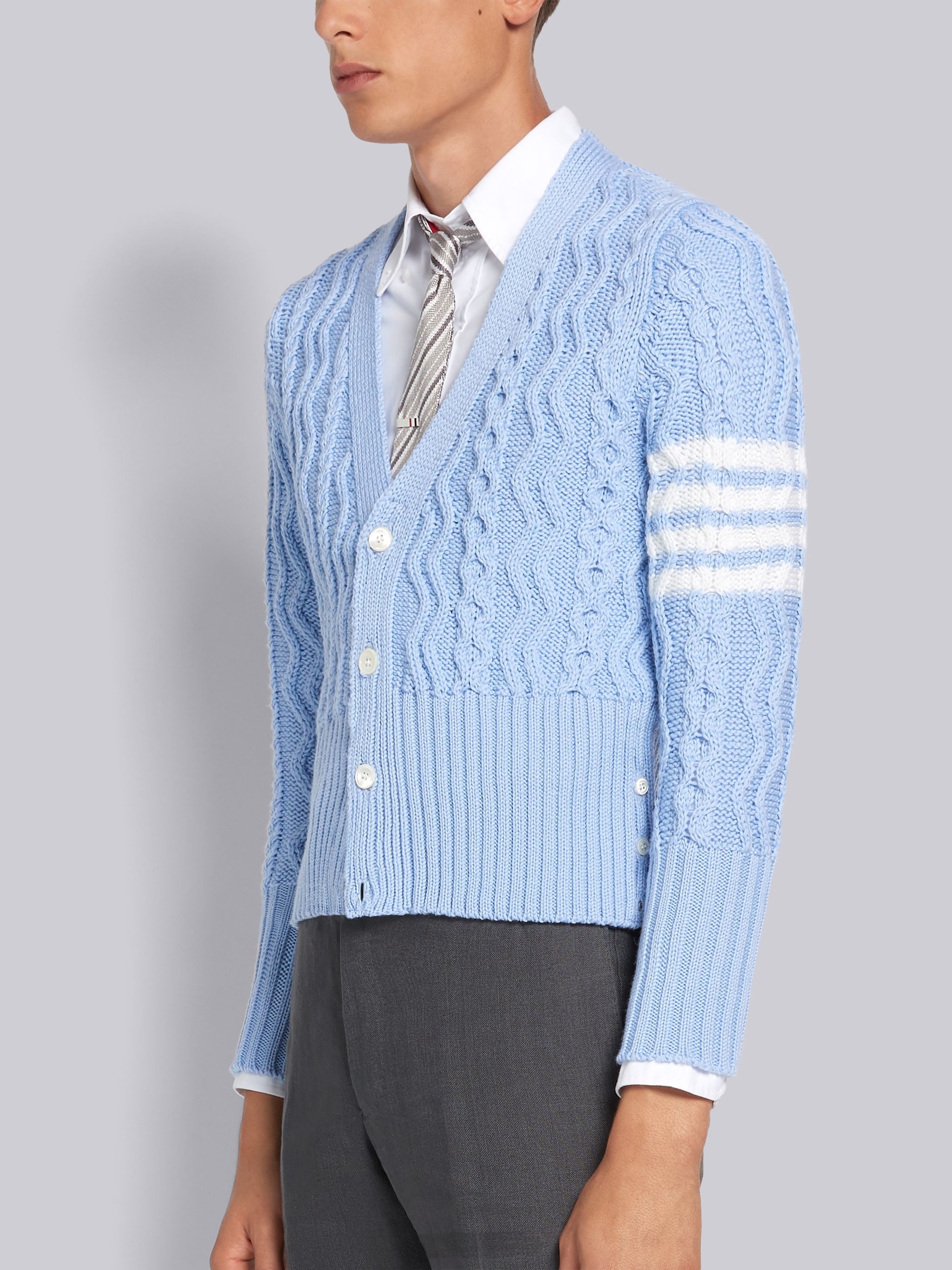 Light Blue Fine Merino Wool Aran Cable 4-Bar Classic V-neck Cardigan - 2