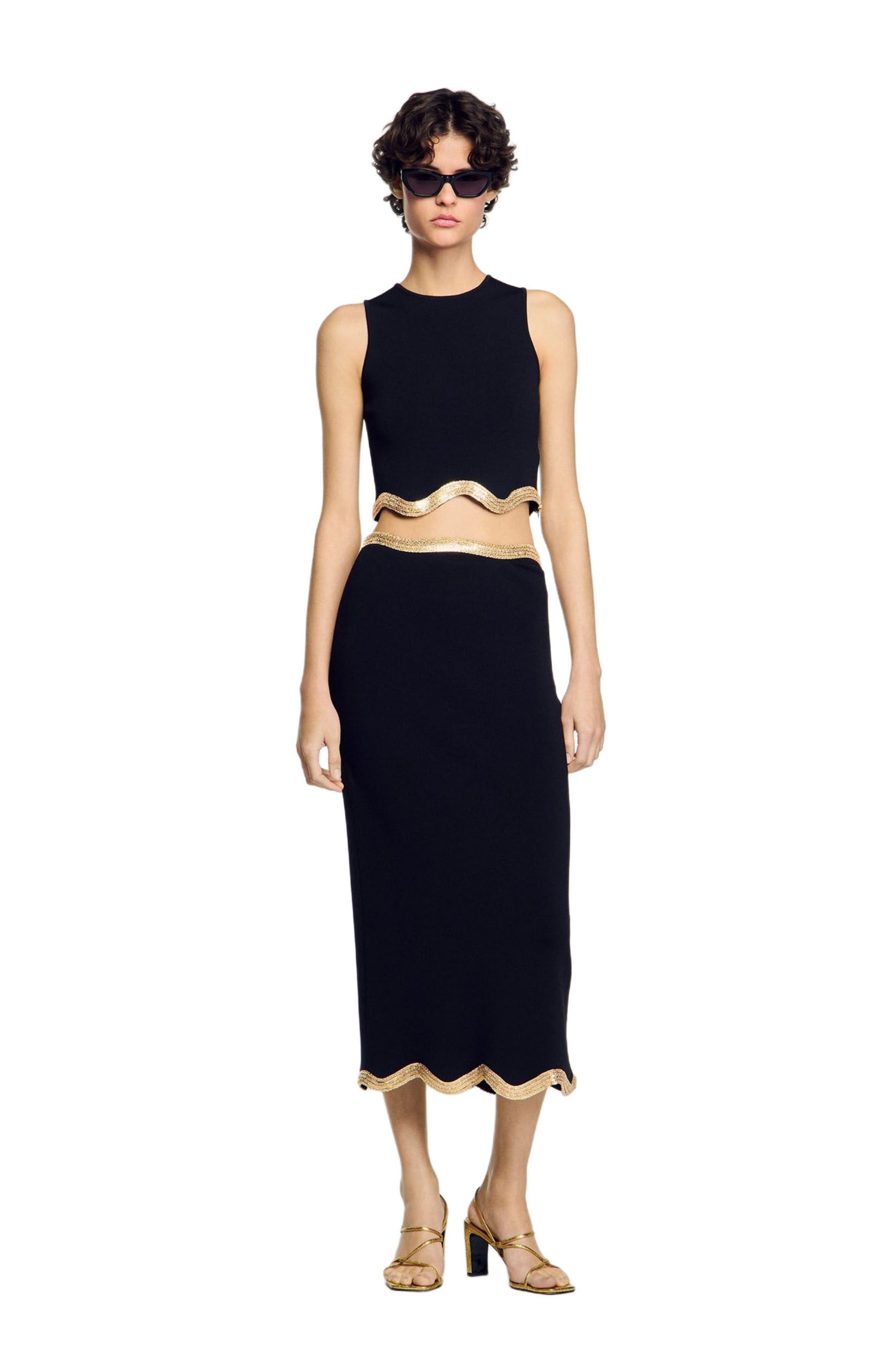 SANDRO Long knitted skirt with chain detail in Black at Nordstrom - 6
