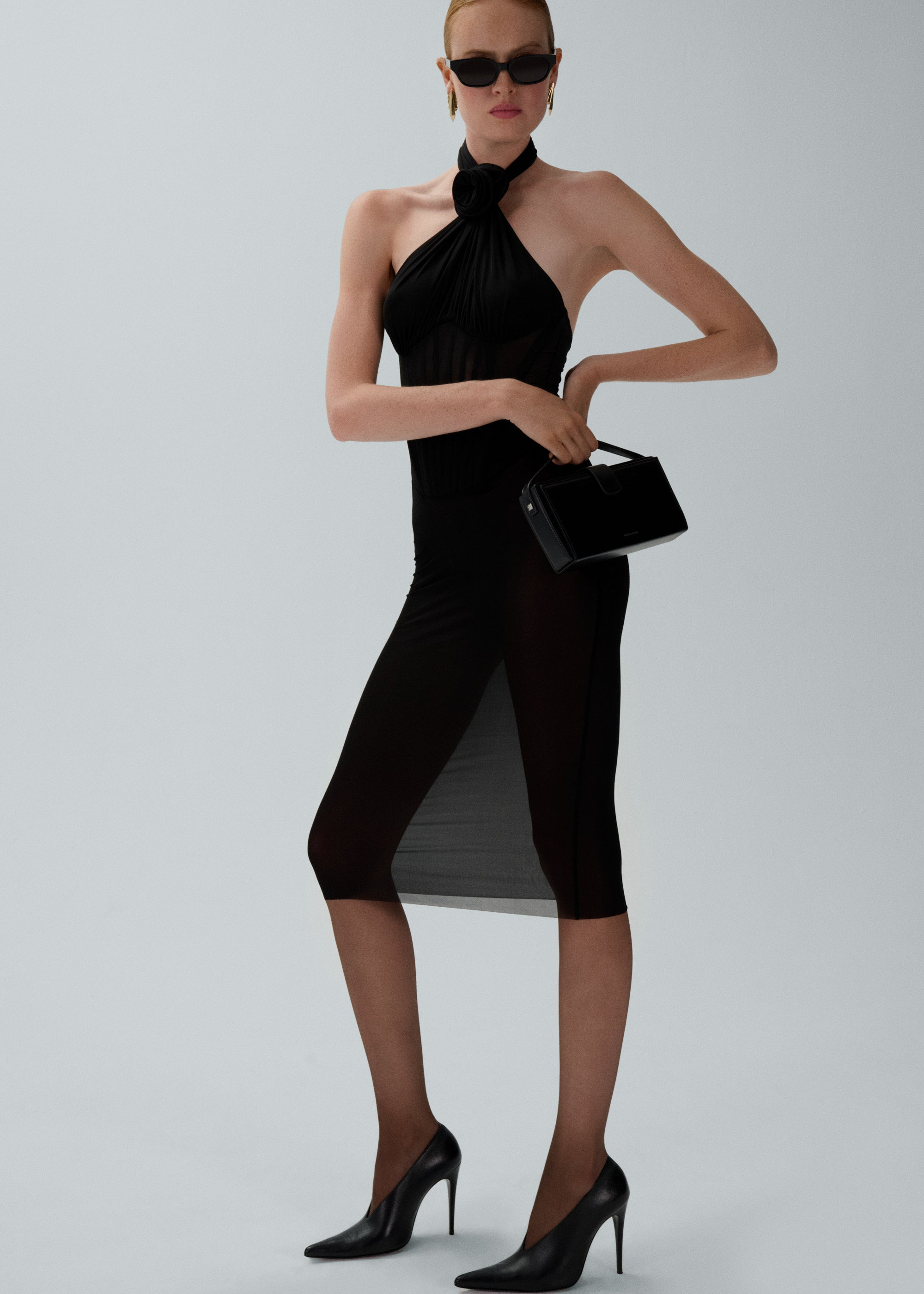 Sheer halter bustier midi dress in black - 4