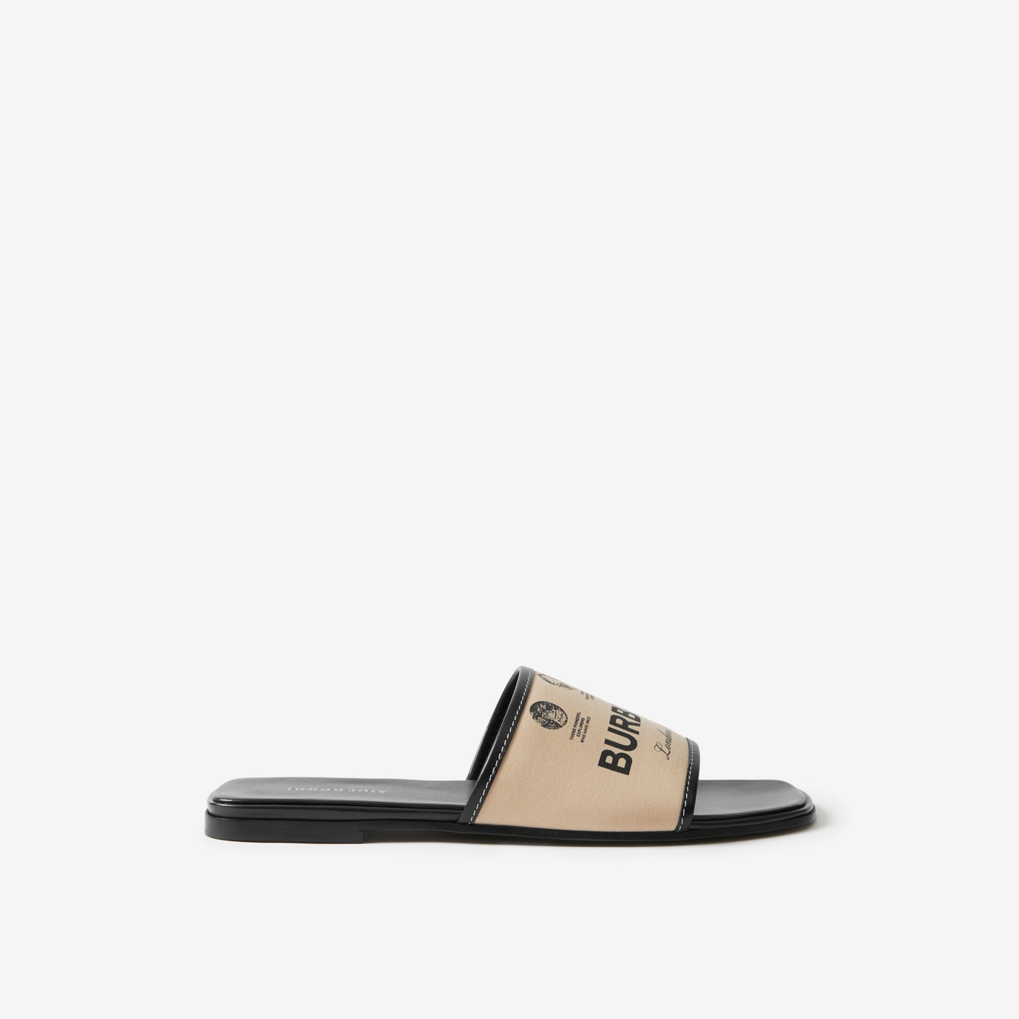 【BURBERRY】GABARDINE AND LEATHER SLIDES Burberry Label Print Gabardine and Leather Slides | REVERSIBLE