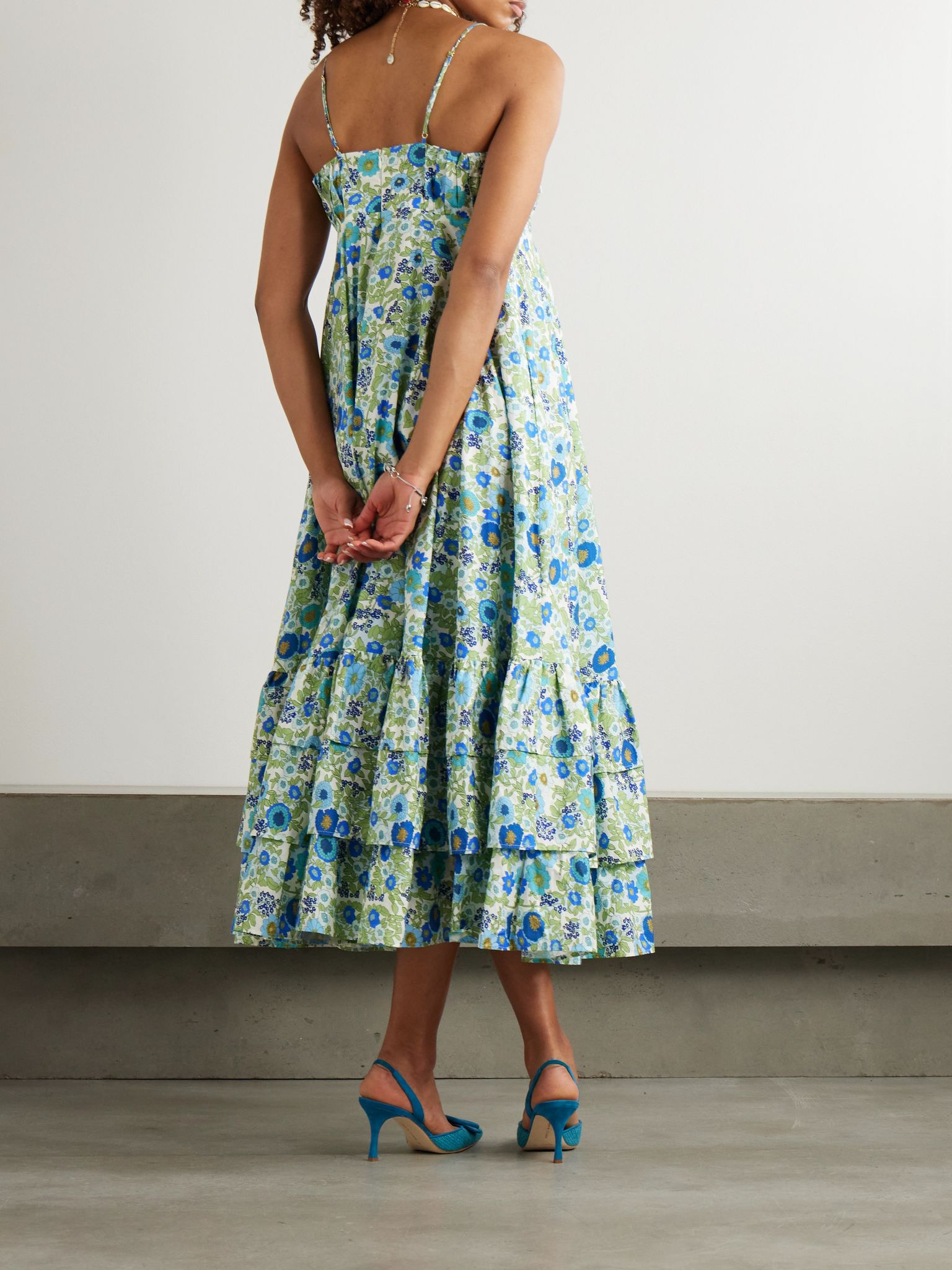 Pam tiered pintucked floral-print organic cotton-poplin midi dress Blue - 3