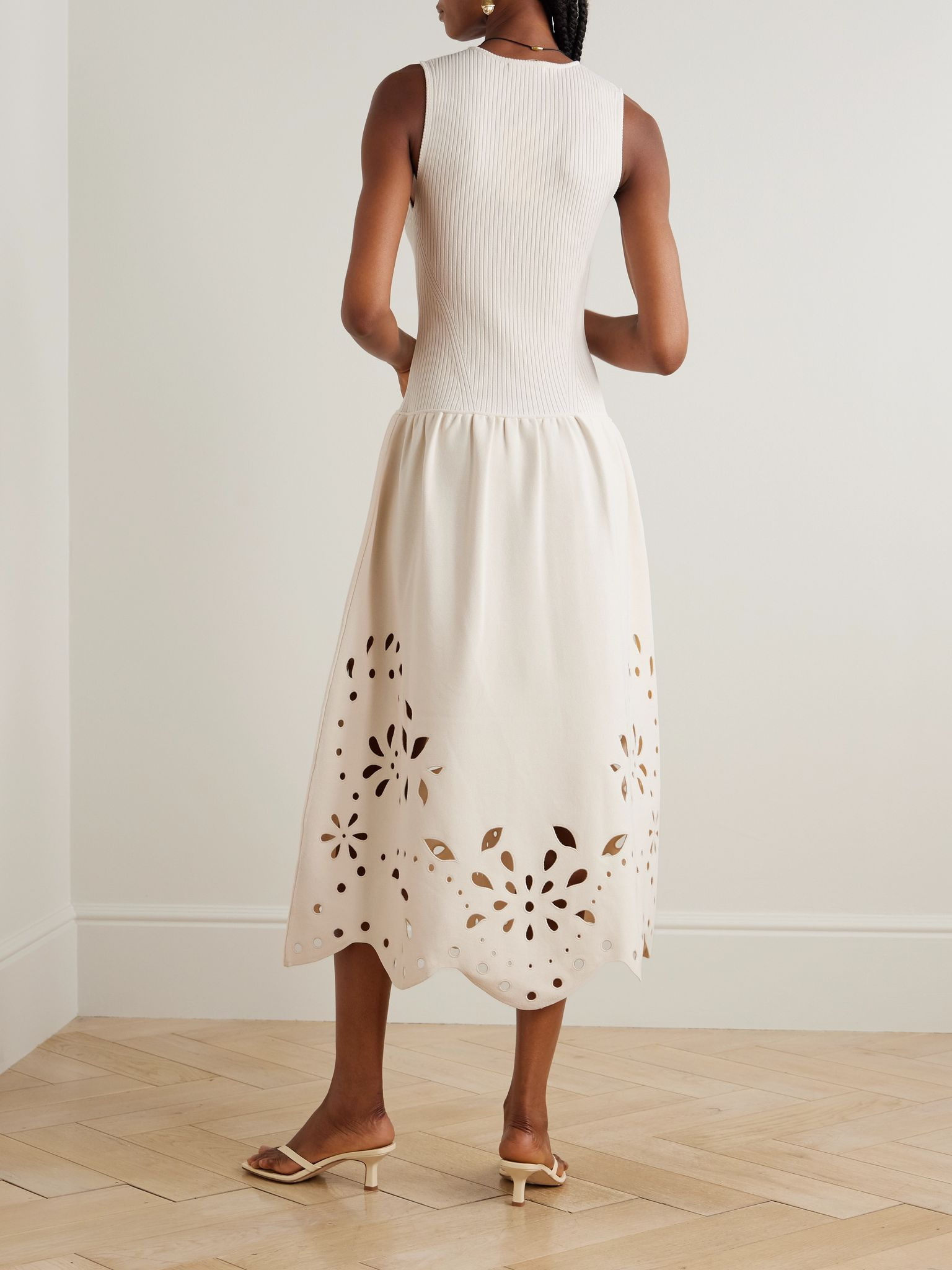 Rosaline ribbed-knit and broderie anglaise jersey midi dress Cream - 3