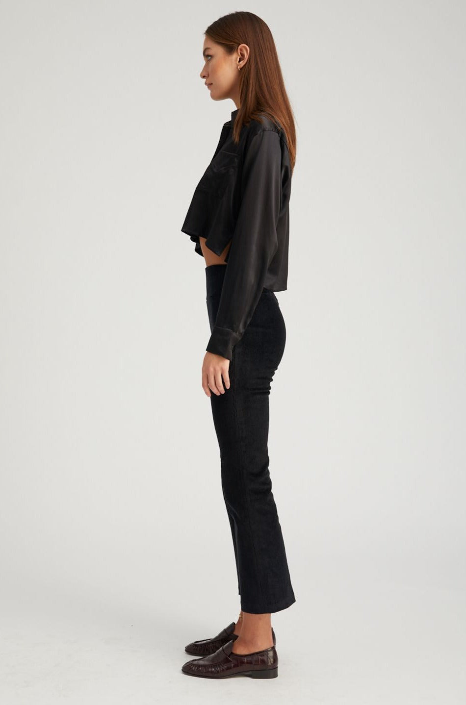 BLACK SILK CROPPED BUTTON DOWN - 3