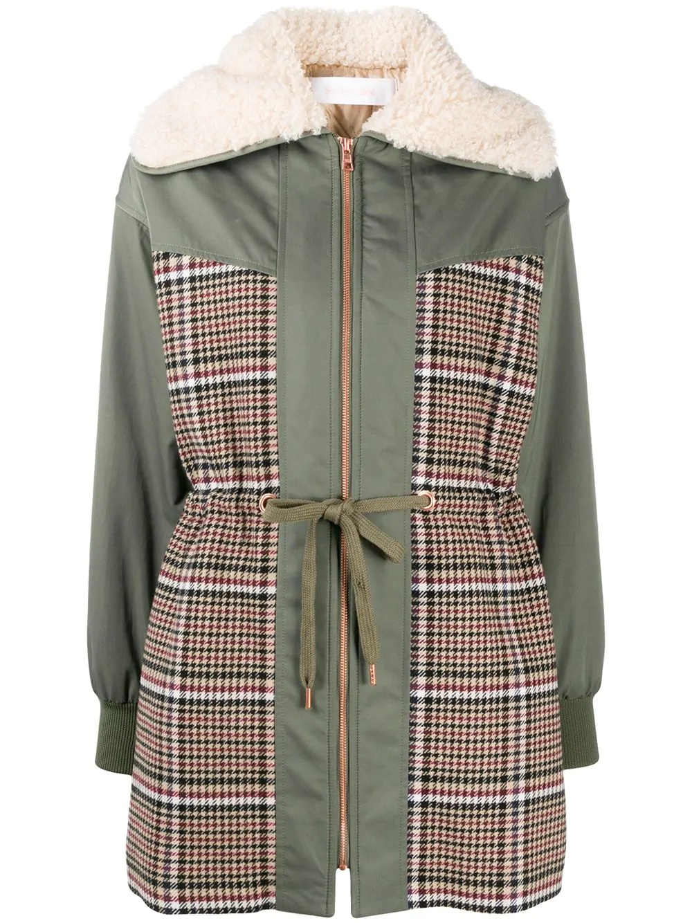 checked panel shearling parka  - 1