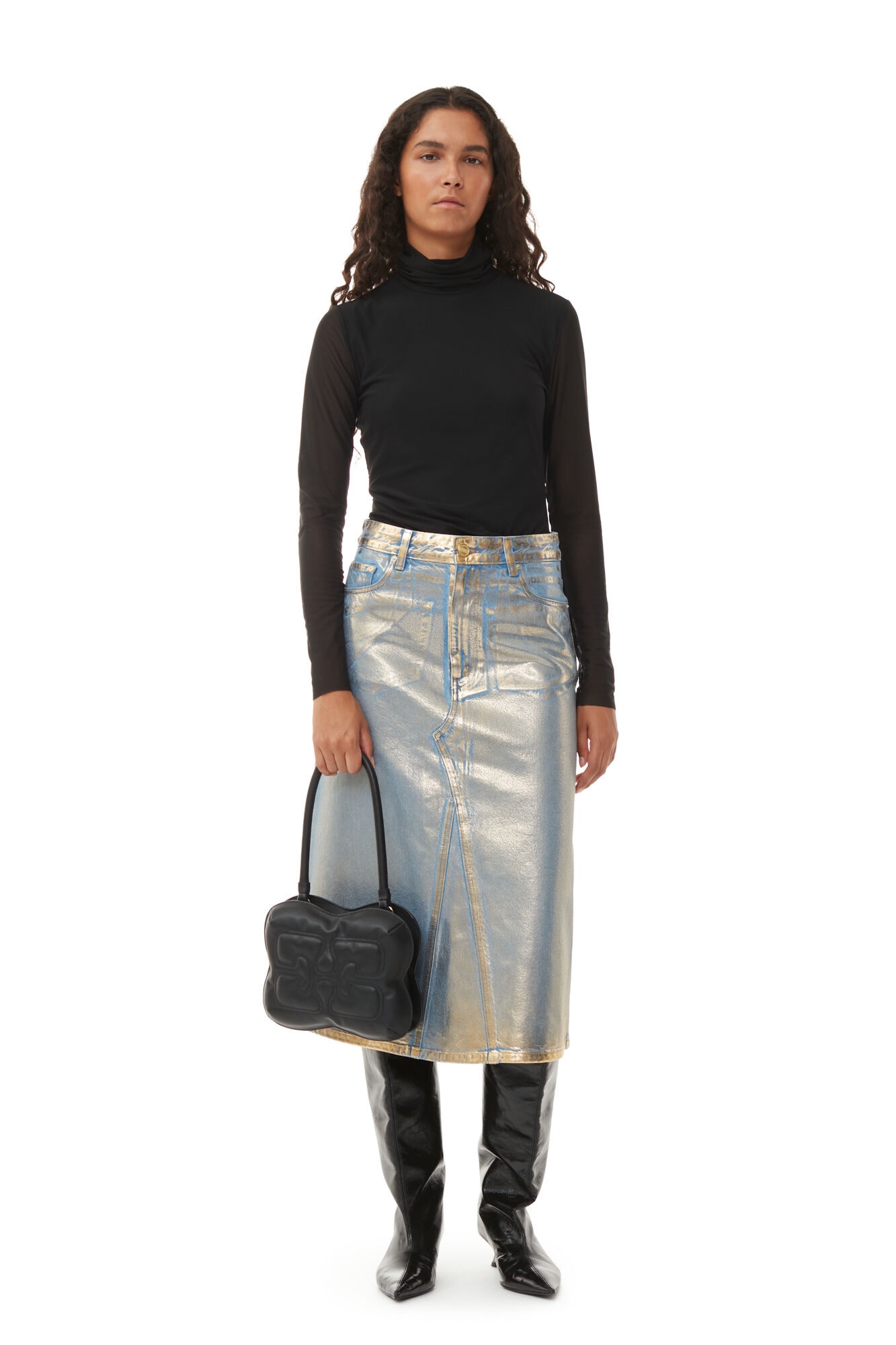 GOLD DENIM MIDI SKIRT - 3