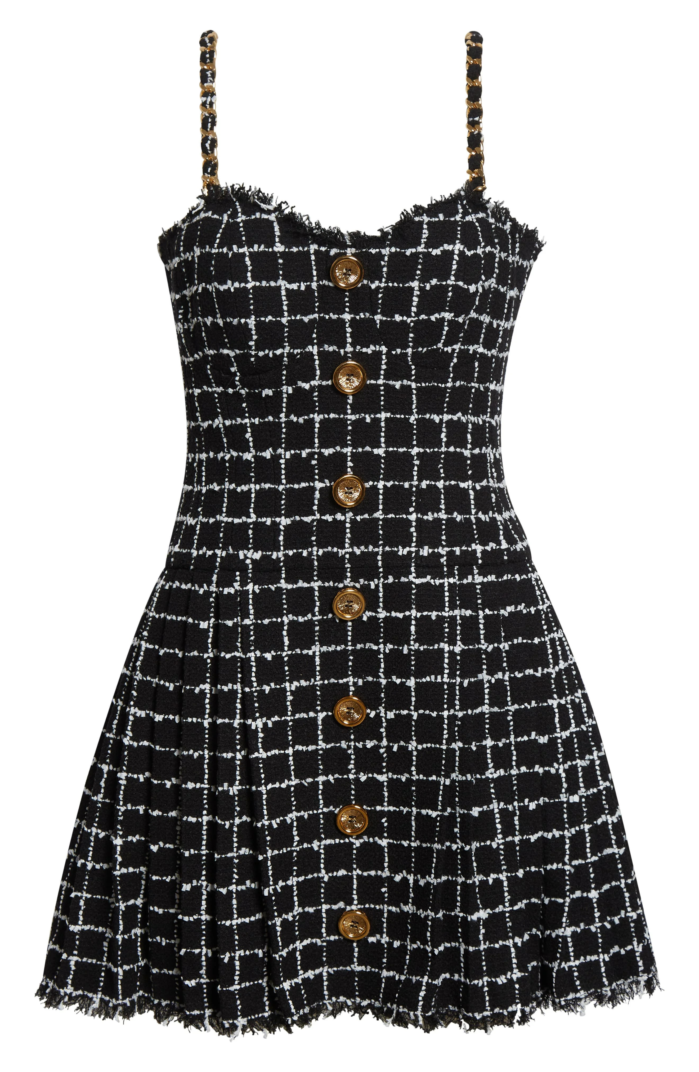 Balmain Chain Strap Check Tweed Fit & Flare Minidress in Eab Blk/White at Nordstrom - 1