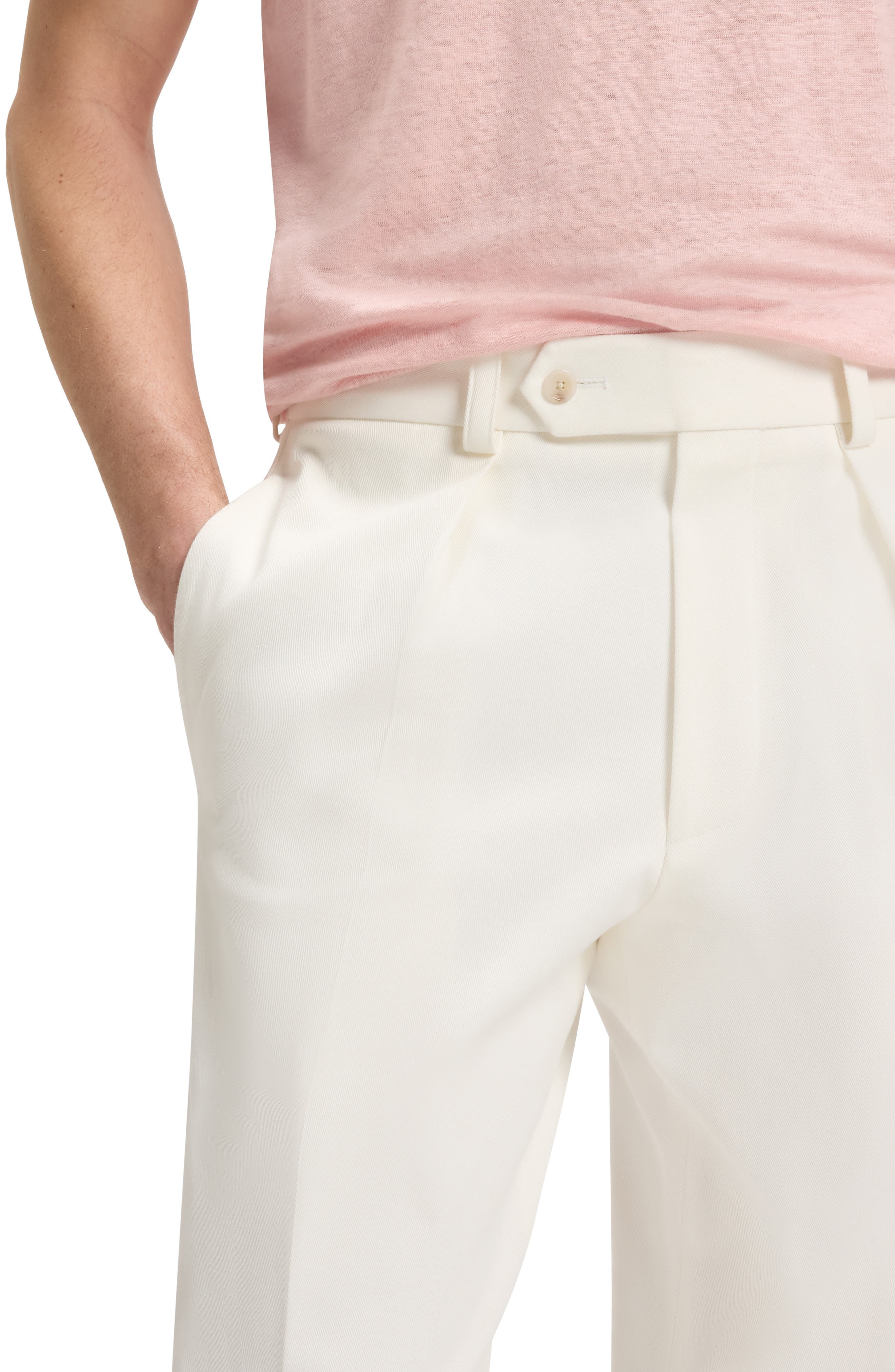 BOSS Pleated Cotton Stretch Twill Dress Pants in White at Nordstrom - 4