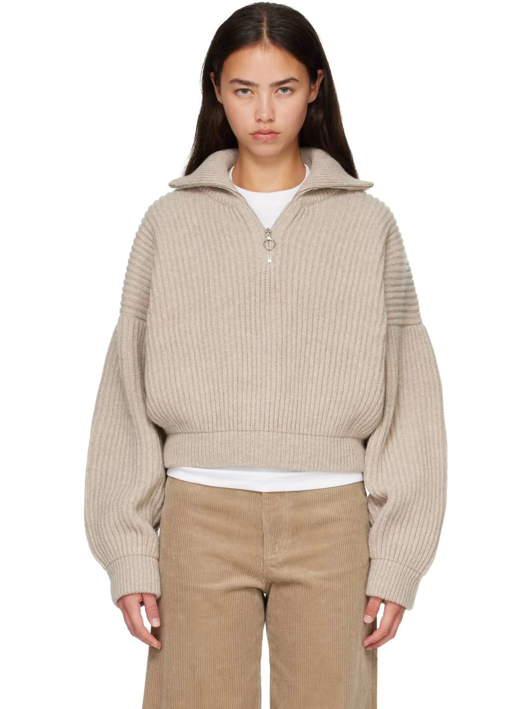 Beige Rowan Rib Half Zip Sweater - 1