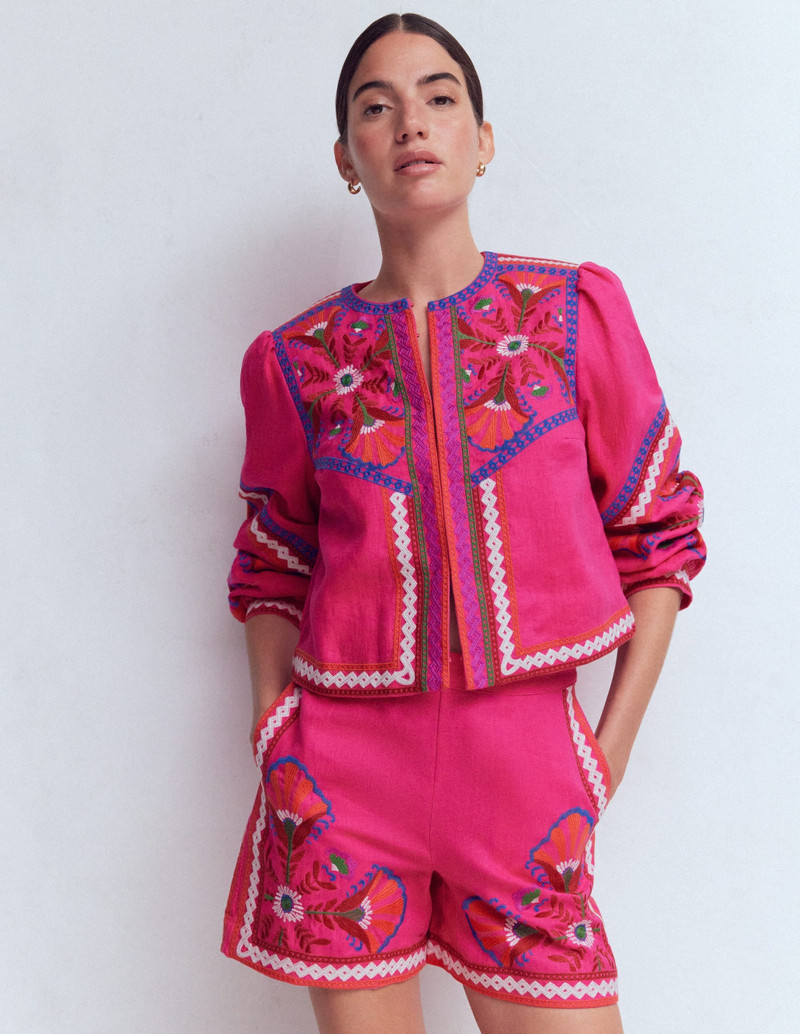 BODEN Embroidered Linen Shorts-Pink Peony, Embroidered outlook