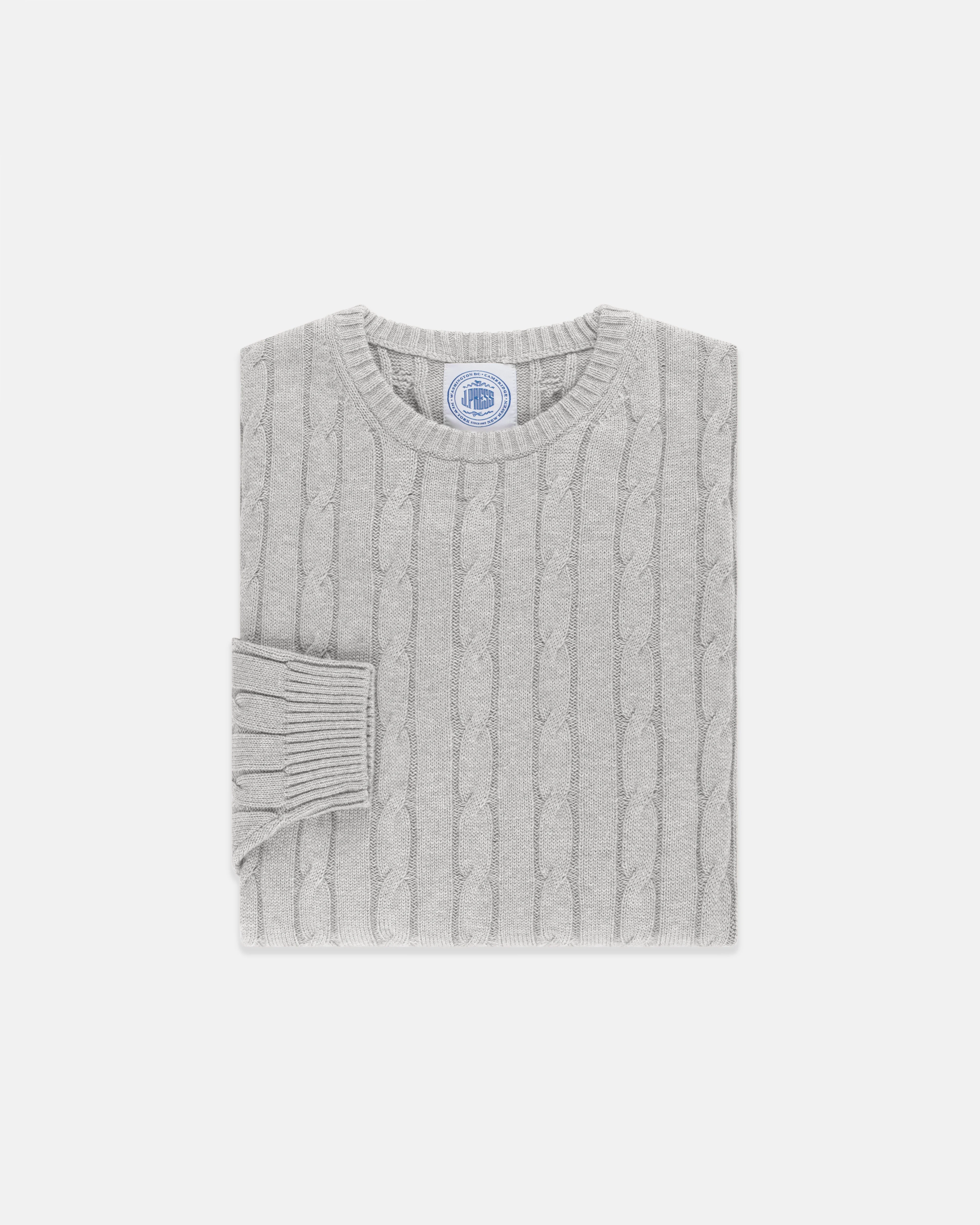 LIGHT GREY COTTON-CASHMERE CABLE CREWNECK SWEATER - TRIM FIT - 1