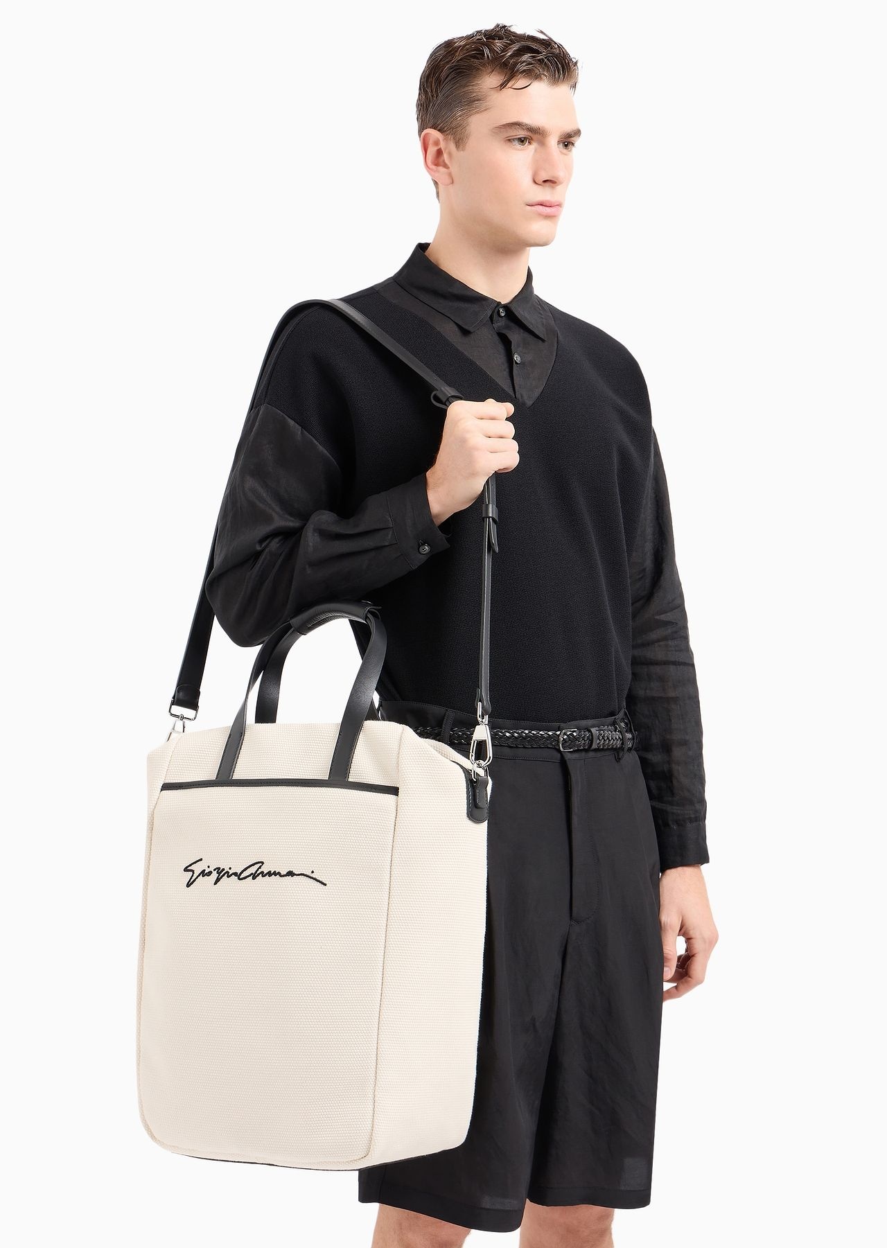 Vertical canvas and leather shopper bag - 7