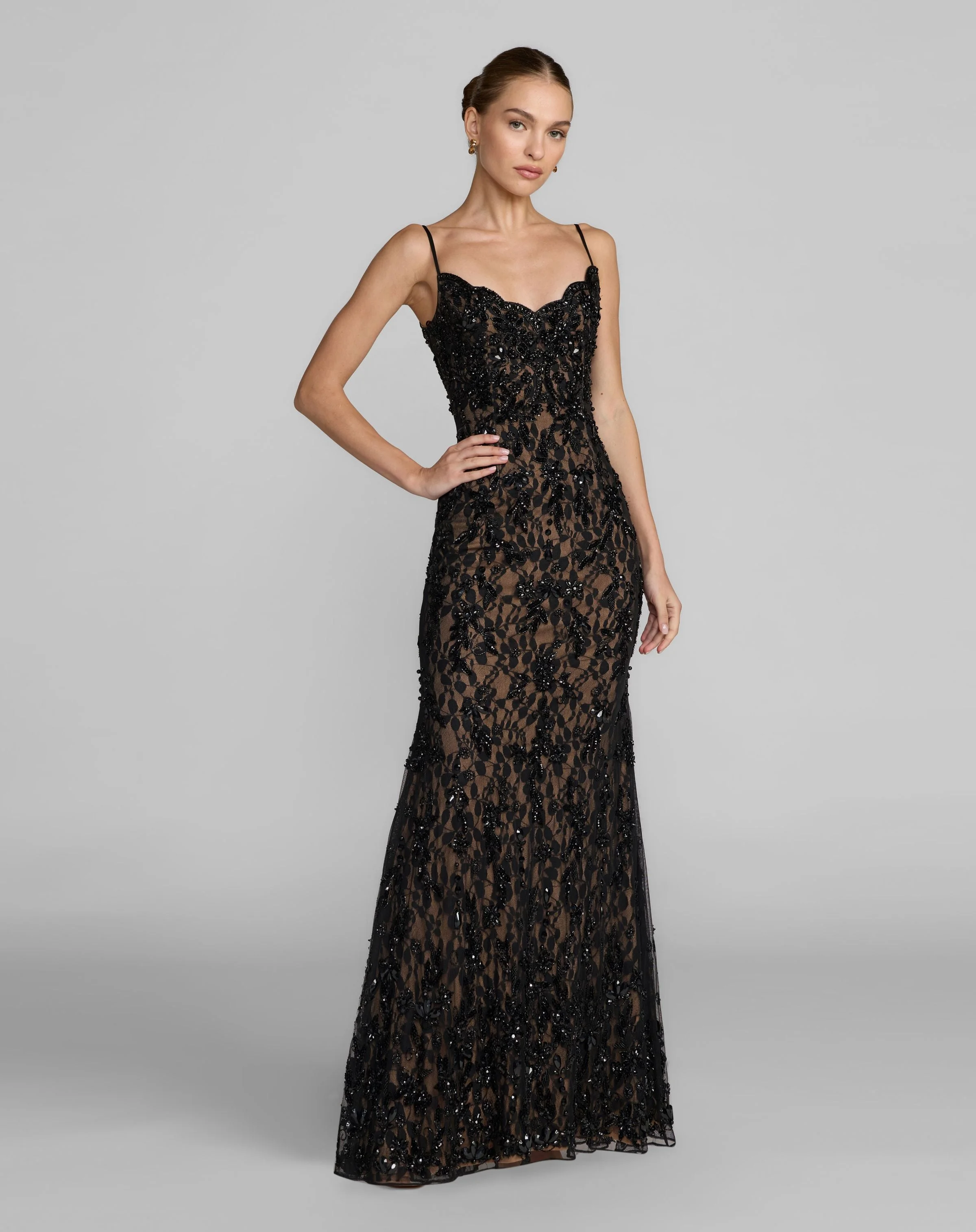 Black Embellished Lace Sleeveless Gown - 1