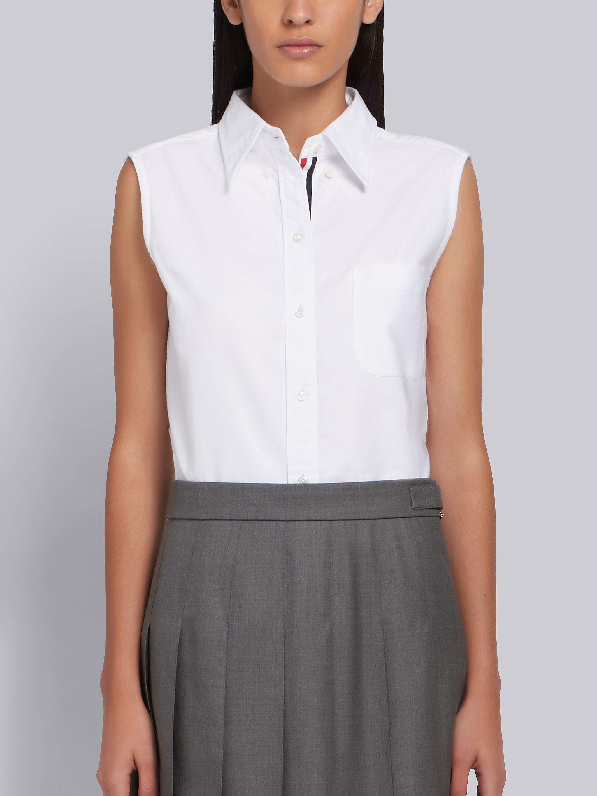 White Oxford Grosgrain Placket Sleeveless Shirt - 1