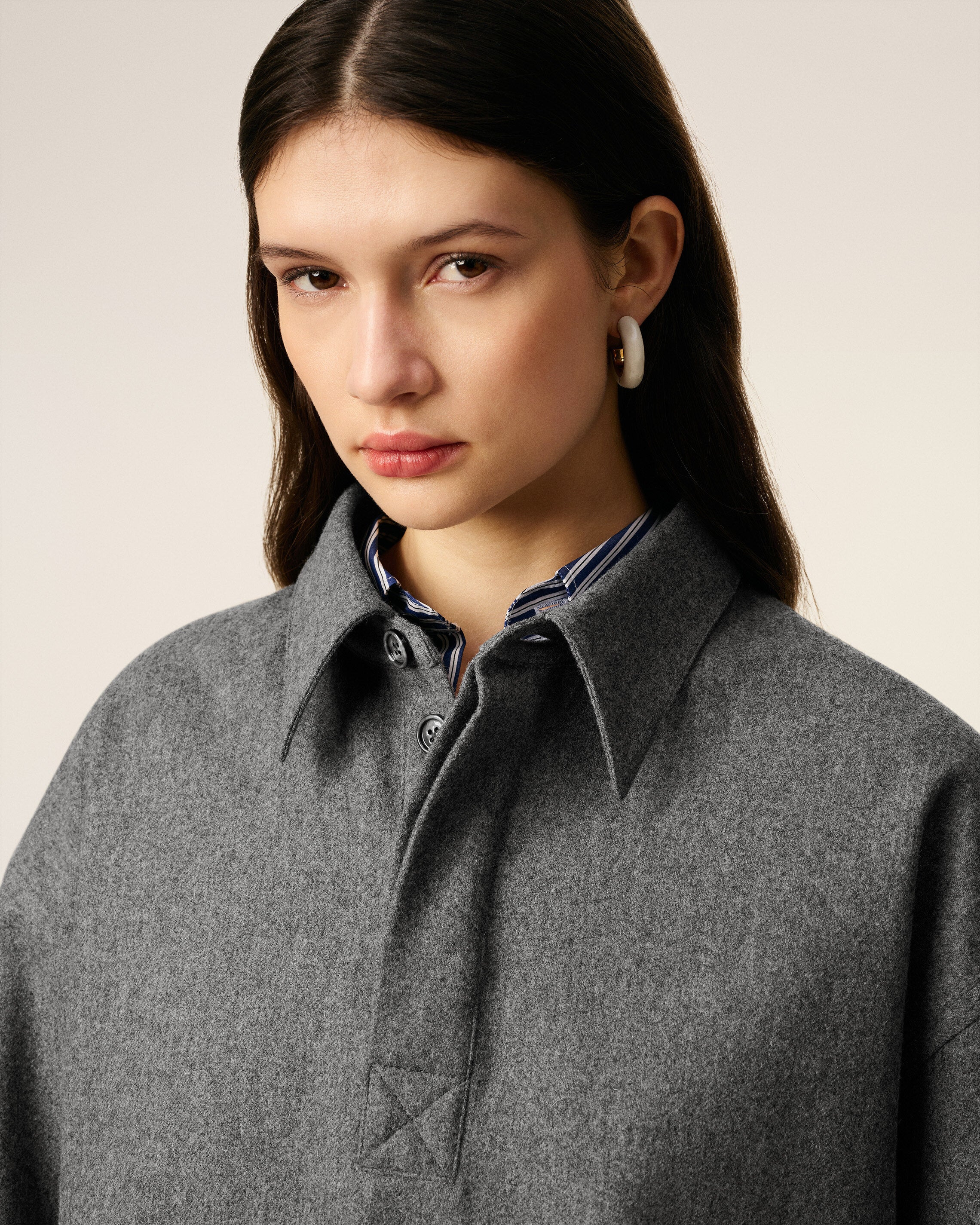 GREY WOOL  LONG  SLEEVES POLO SHIRT - 4