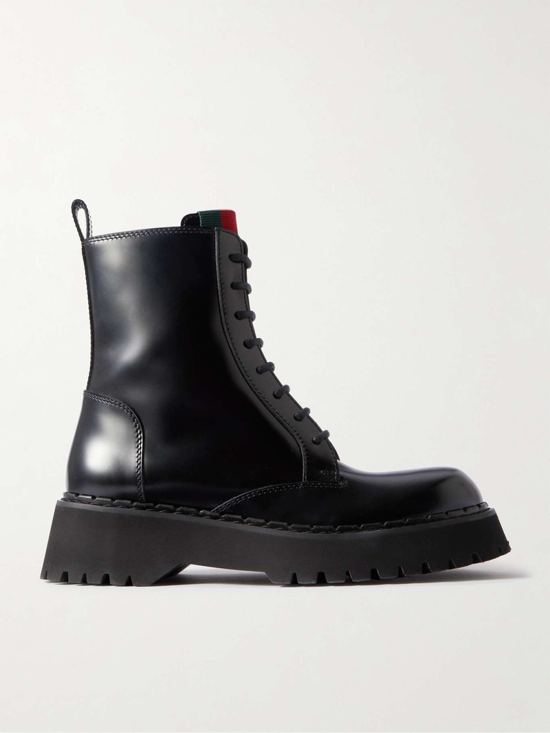 Thea webbing-trimmed glossed-leather ankle boots 1