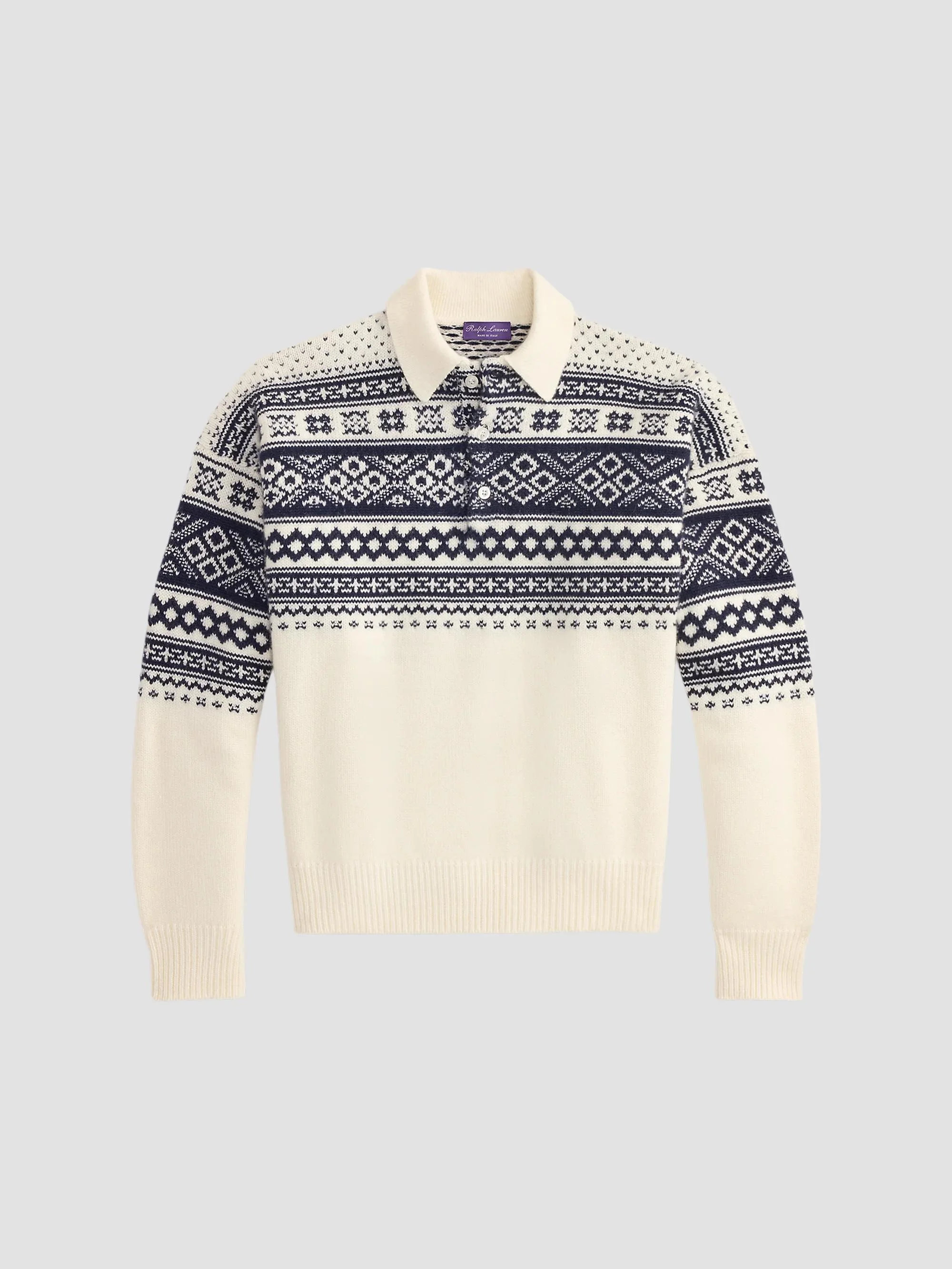 Men's Patterned Cashmere Polo-Collar Sweater - Cream Navy - 1