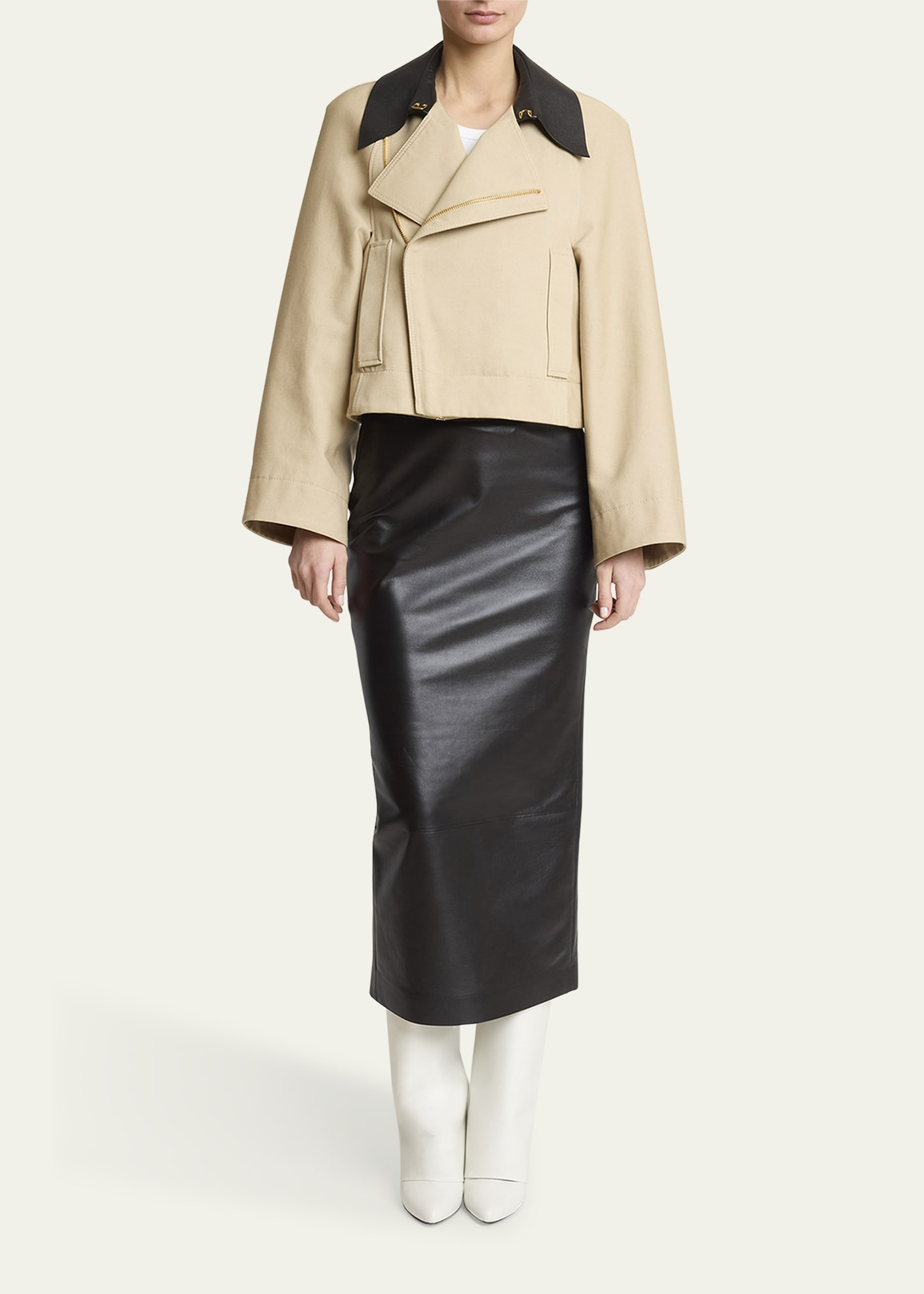 Leather Collar Zip Cocoon Jacket - 2