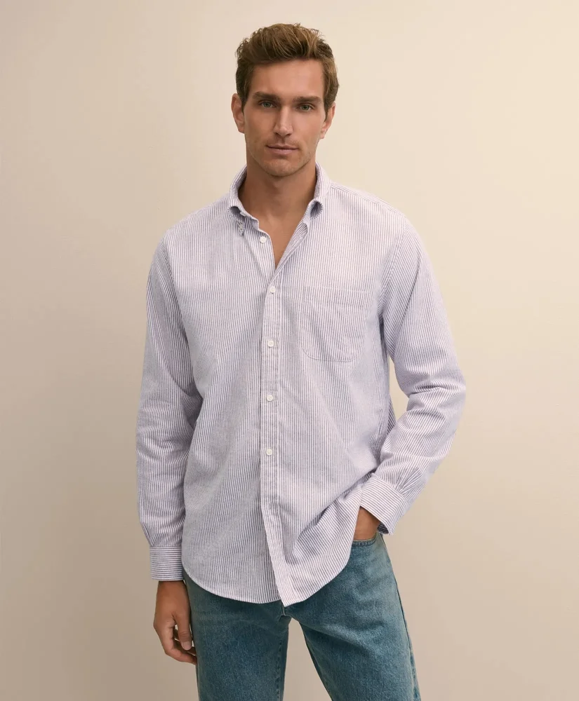 Portuguese Flannel Button Down Collar, Candy Stripe Shirt - 1