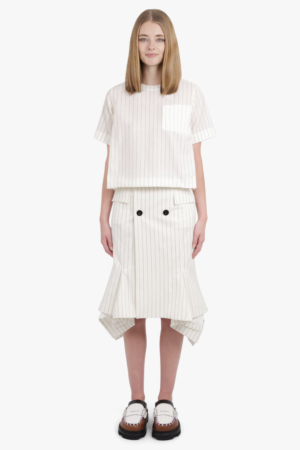 ASYMMETRIC FLARED HEM STRIPE MIDI SKIRT WITH BUTTON DETAIL | OFF WHITE/BLACK - 2