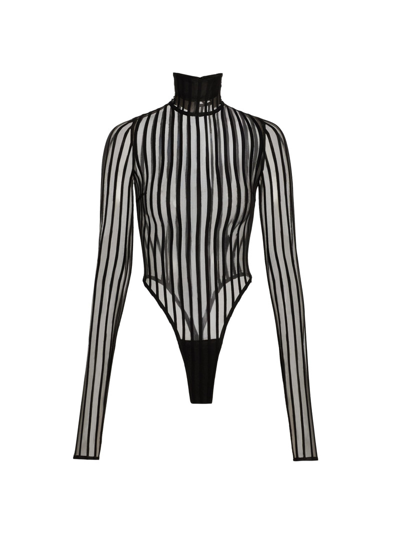 Women's Striped Sheer Turtleneck Bodysuit - Black 1