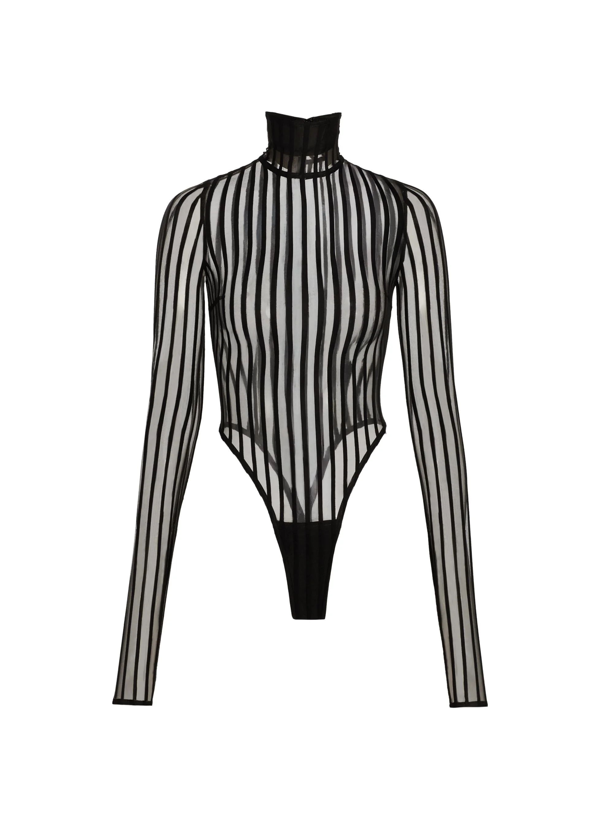 Women's Striped Sheer Turtleneck Bodysuit - Black - 1