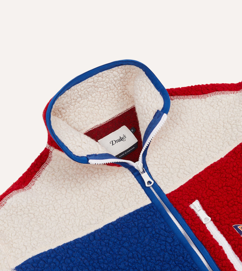 Ecru, Red and Blue Boucle Wool Zip Fleece Jacket 3