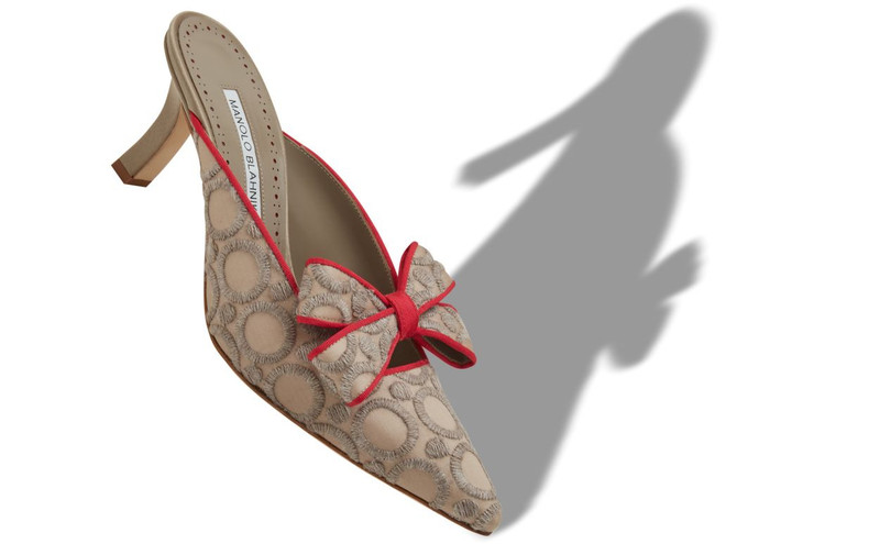 Manolo Blahnik Grey and Red Silk Pointed Toe Mules outlook