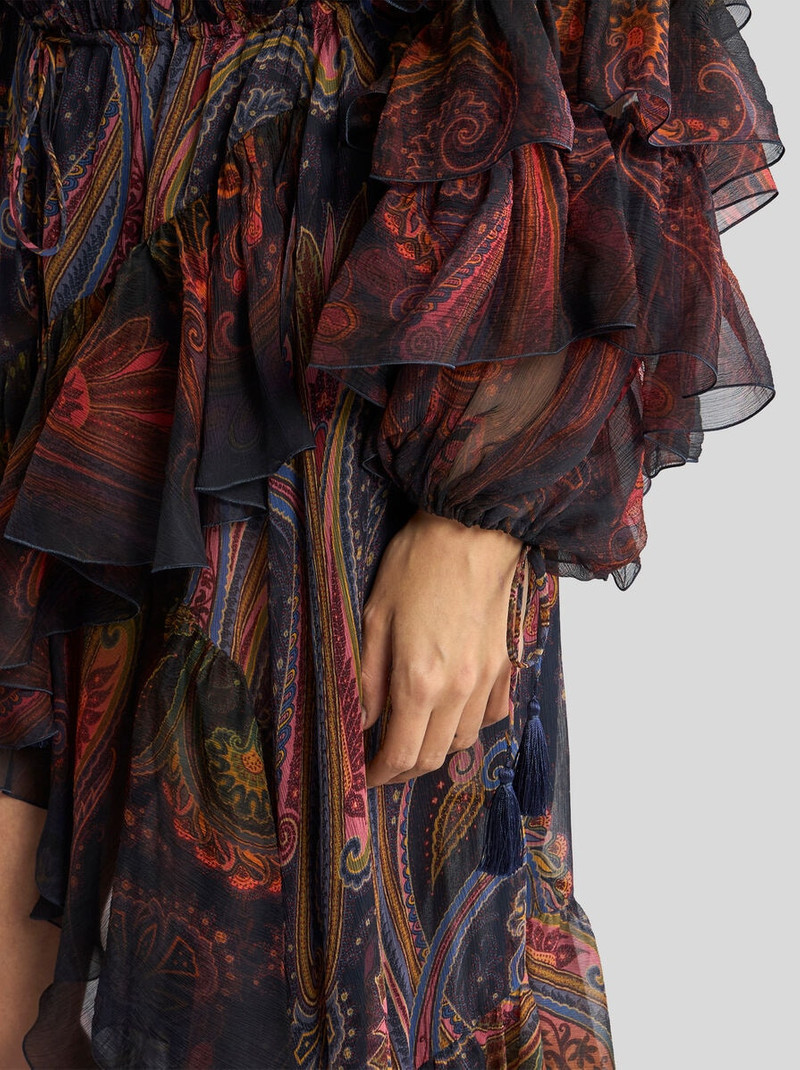 SILK MIDI DRESS WITH RUFFLES AND PLACED PAISLEY PRINT 2