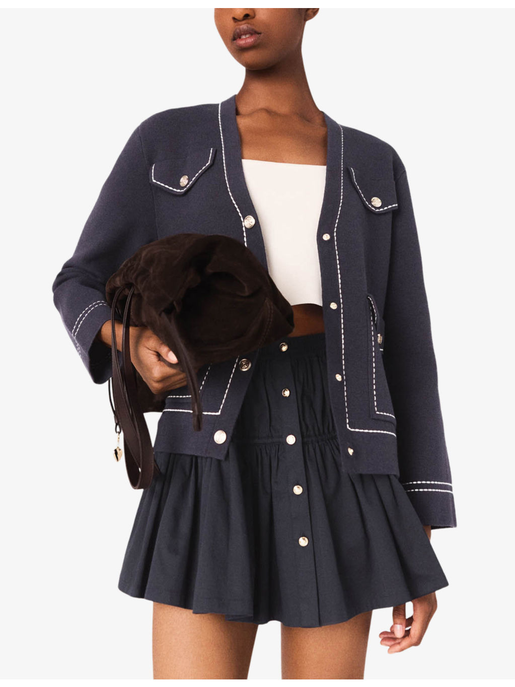 V-Neck Contrast-Stitched Knitted Cardigan - 3