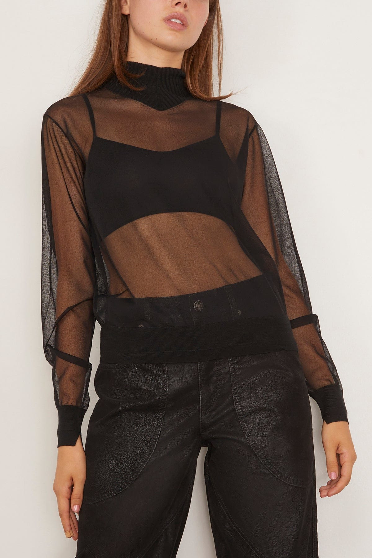 Sheer Mock Neck Top in Black - 3