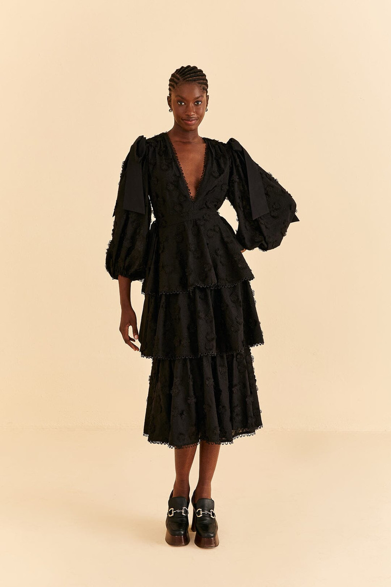 Black Flowers Textured Tiered Midi Dress 1
