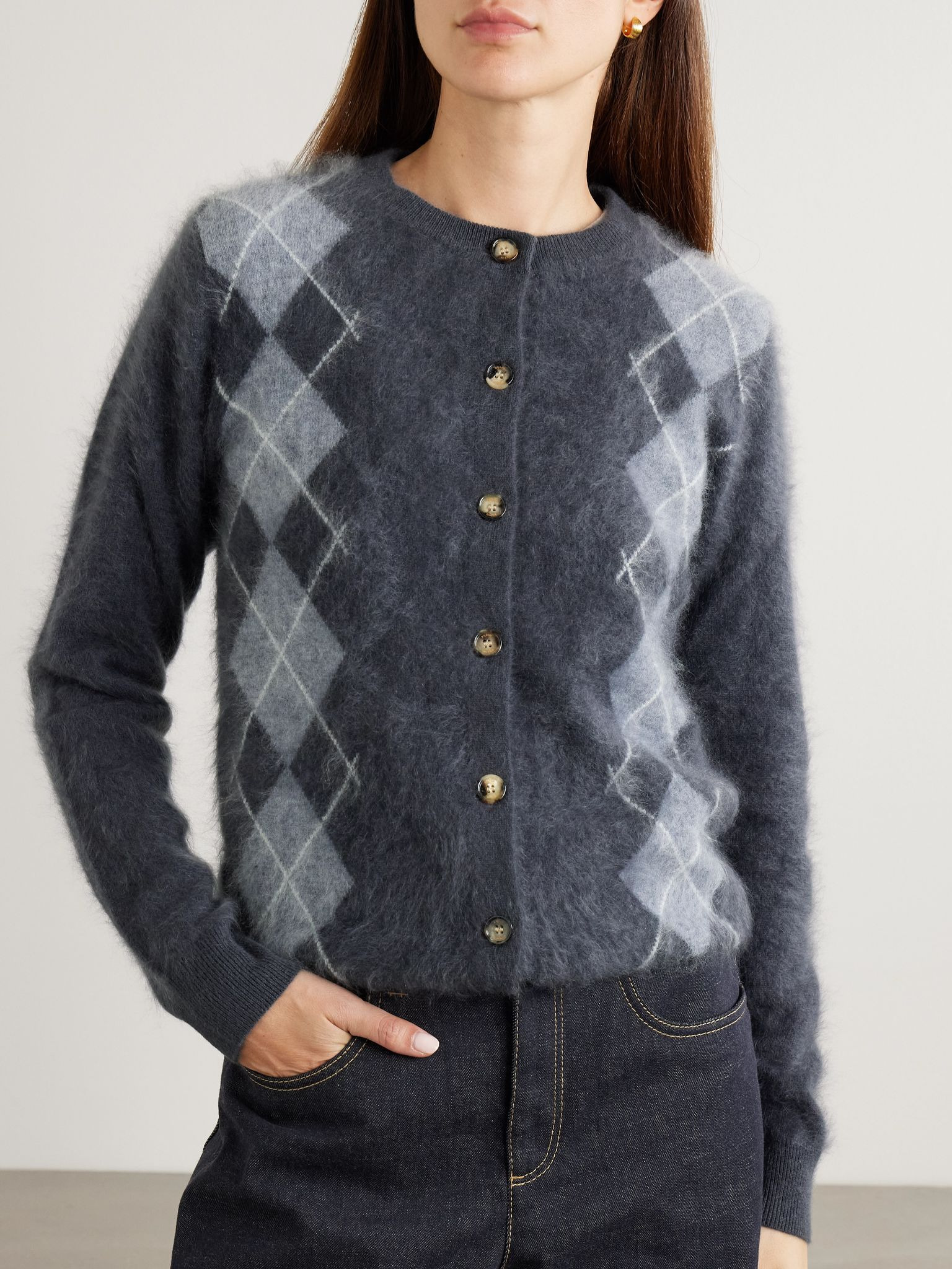Arlo argyle brushed organic cashmere cardigan Gray - 3