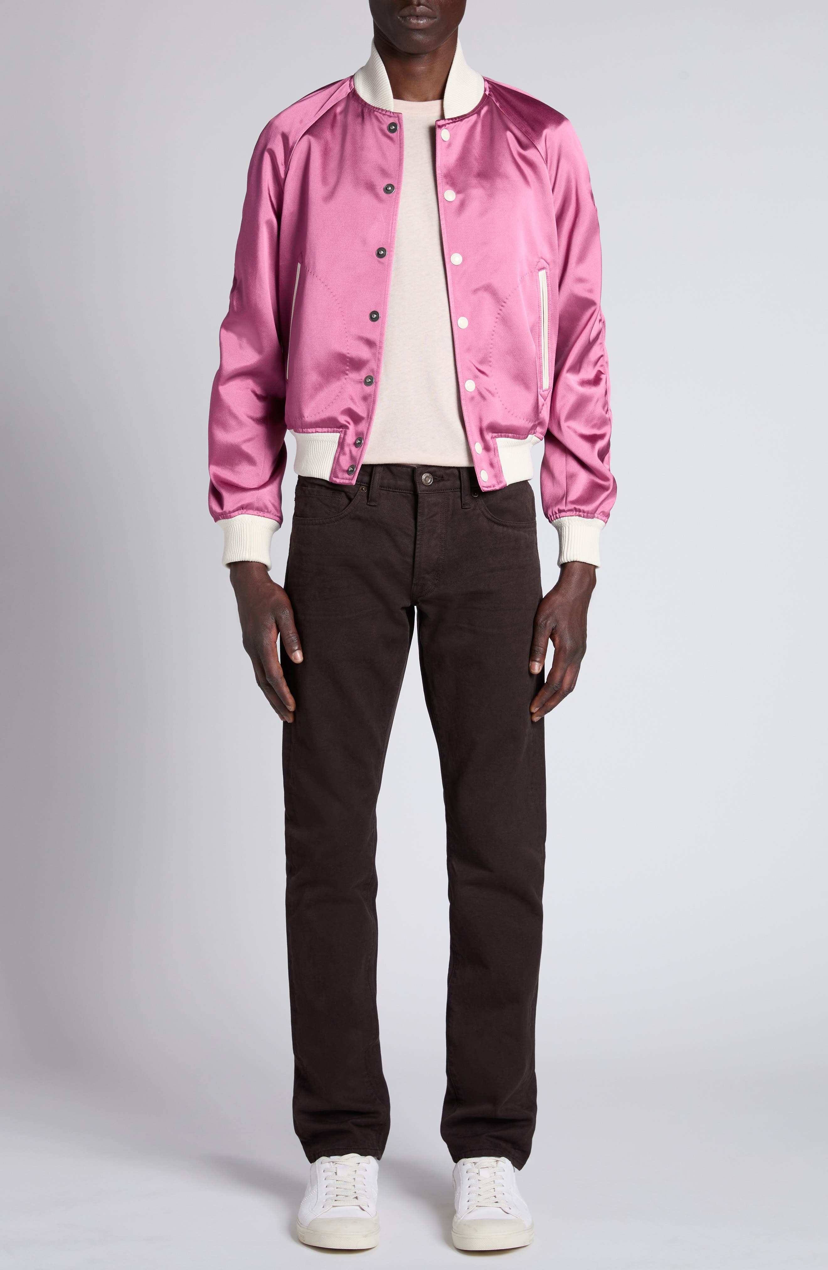 TOM FORD Shiny Satin Bomber Jacket in Xfuwh Fuxia/White at Nordstrom - 2