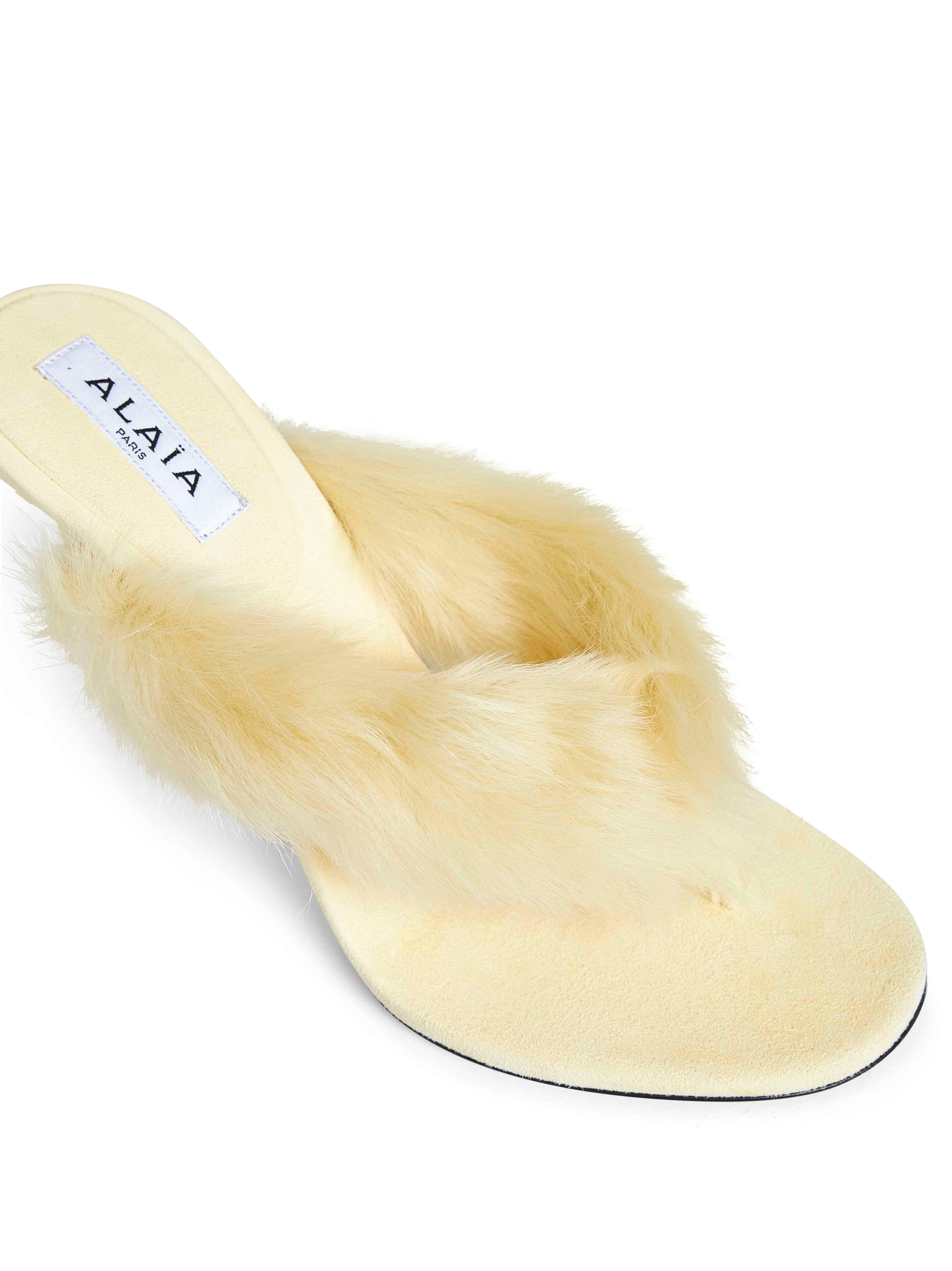 Yellow long-haired lambskin leather thong mules - 4
