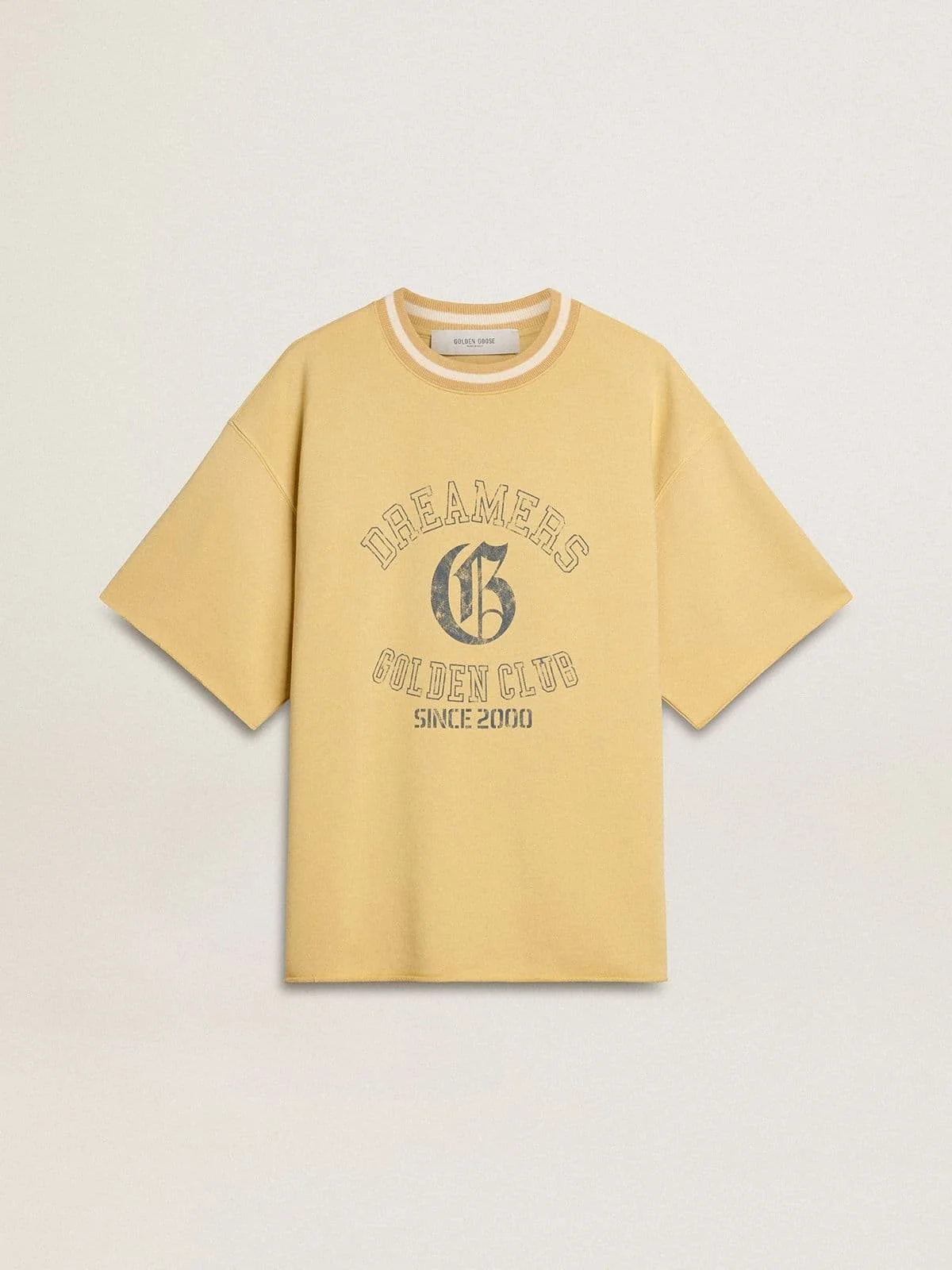 Men's oversized yellow cotton T-shirt with blue print - 1